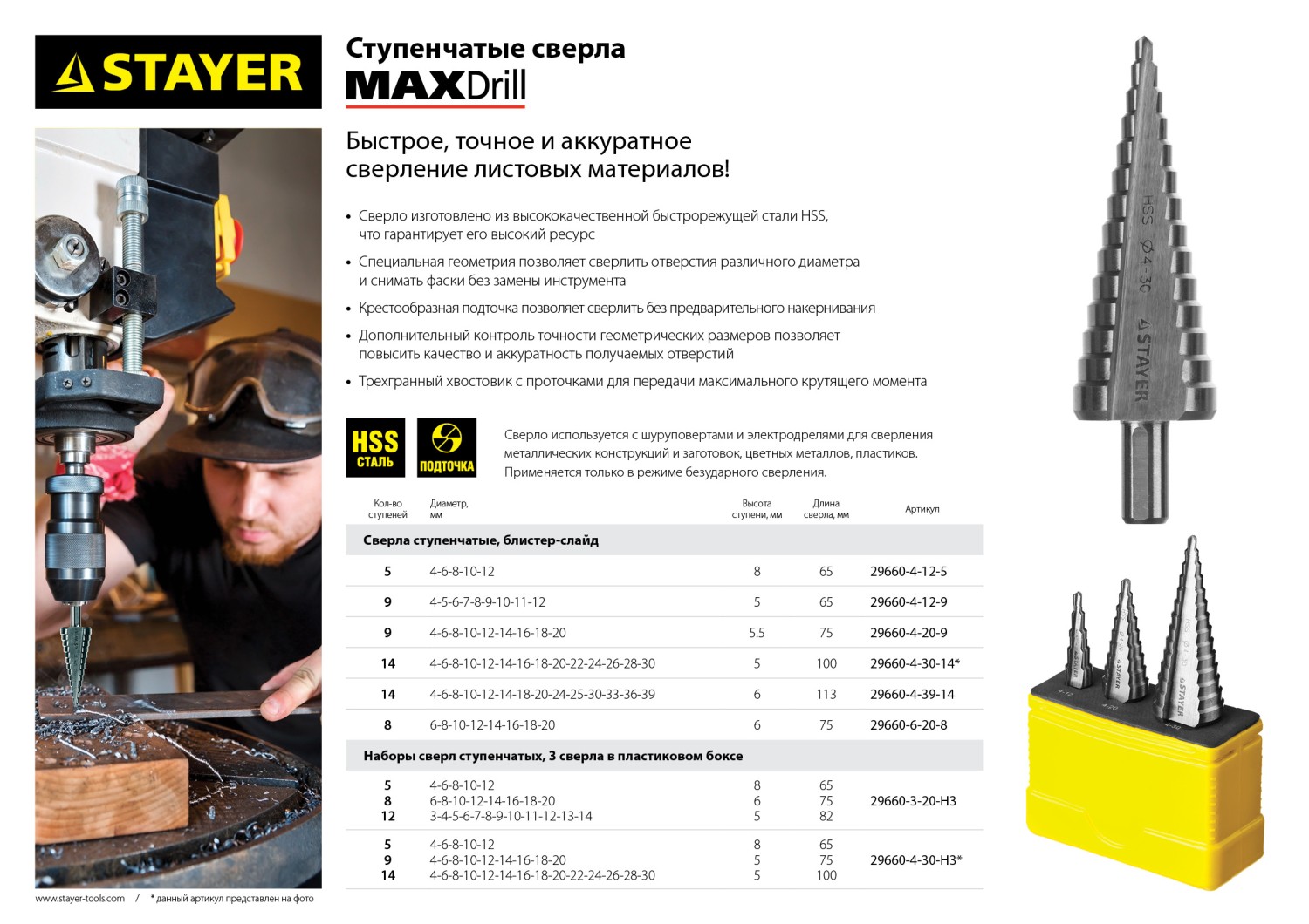 STAYER 3 шт, 4-30 мм, сталь HSS, набор сверл ступенчатых (29660-4-30-H3)