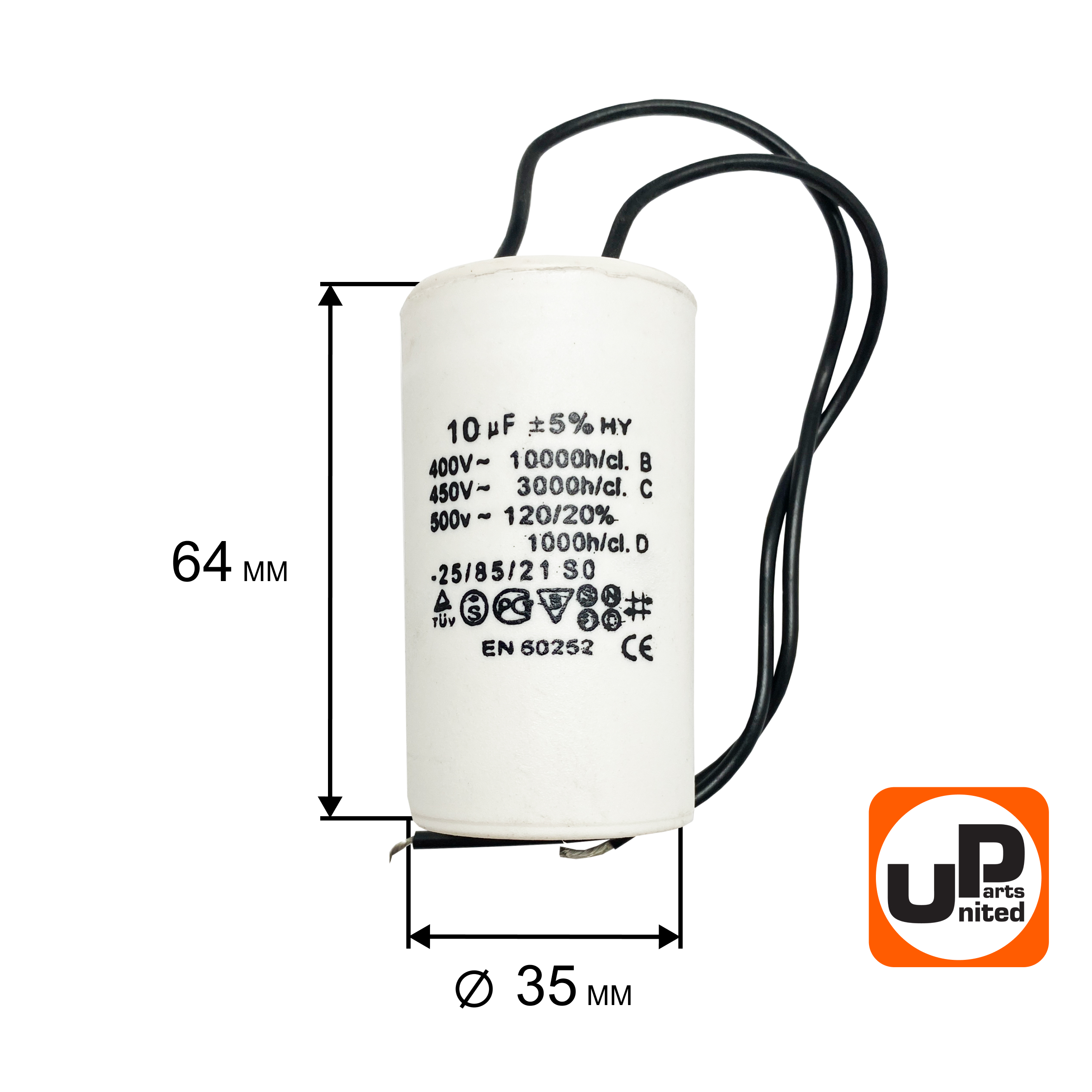 Конденсатор UNITED PARTS CBB60, 10 мкФ, 450В, гибкие выводы (90-0324), шт