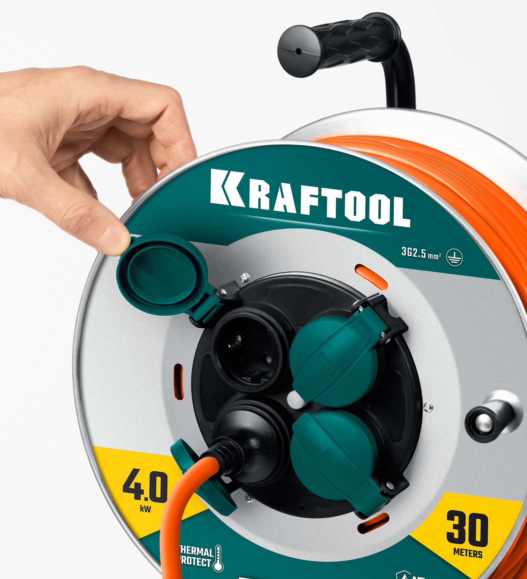 KRAFTOOL EXPERT 4.0, ПВС 3х2.5 30м 4000Вт IP44, силовой удлинитель на стальной катушке (55089-30)