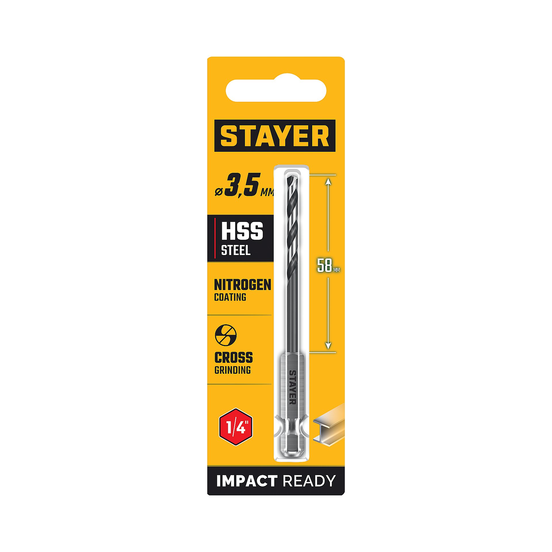 STAYER НЕХ-1/4″, d 3.5 х 93 мм, сверло по металлу для винтовёртов и шуруповертов IMPACT READY (29603-3.5)