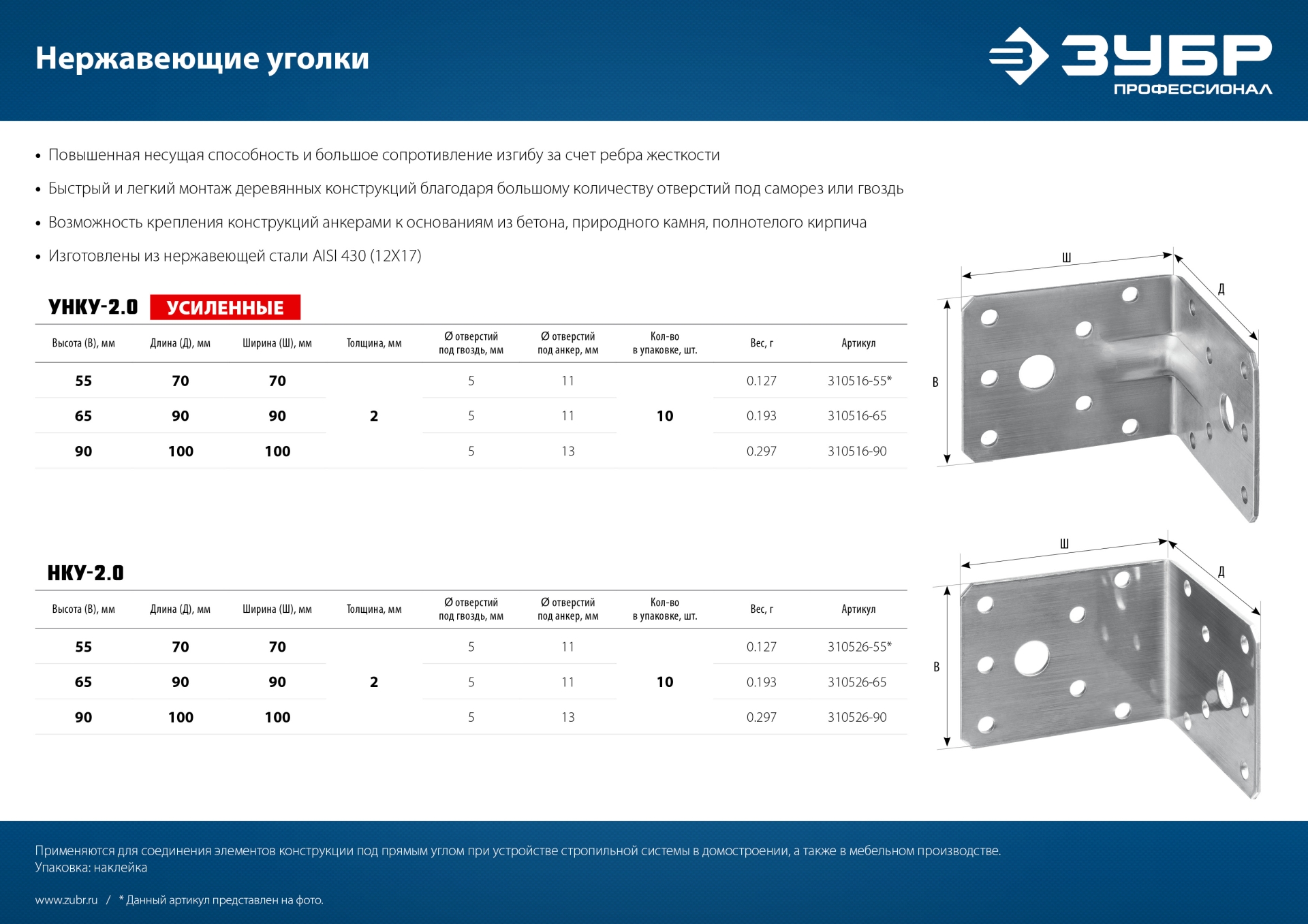 ЗУБР НКУ-2.0, 55 x 70 x 70 x 2 мм, нержавеющий крепежный уголок, Профессионал (310526-55)