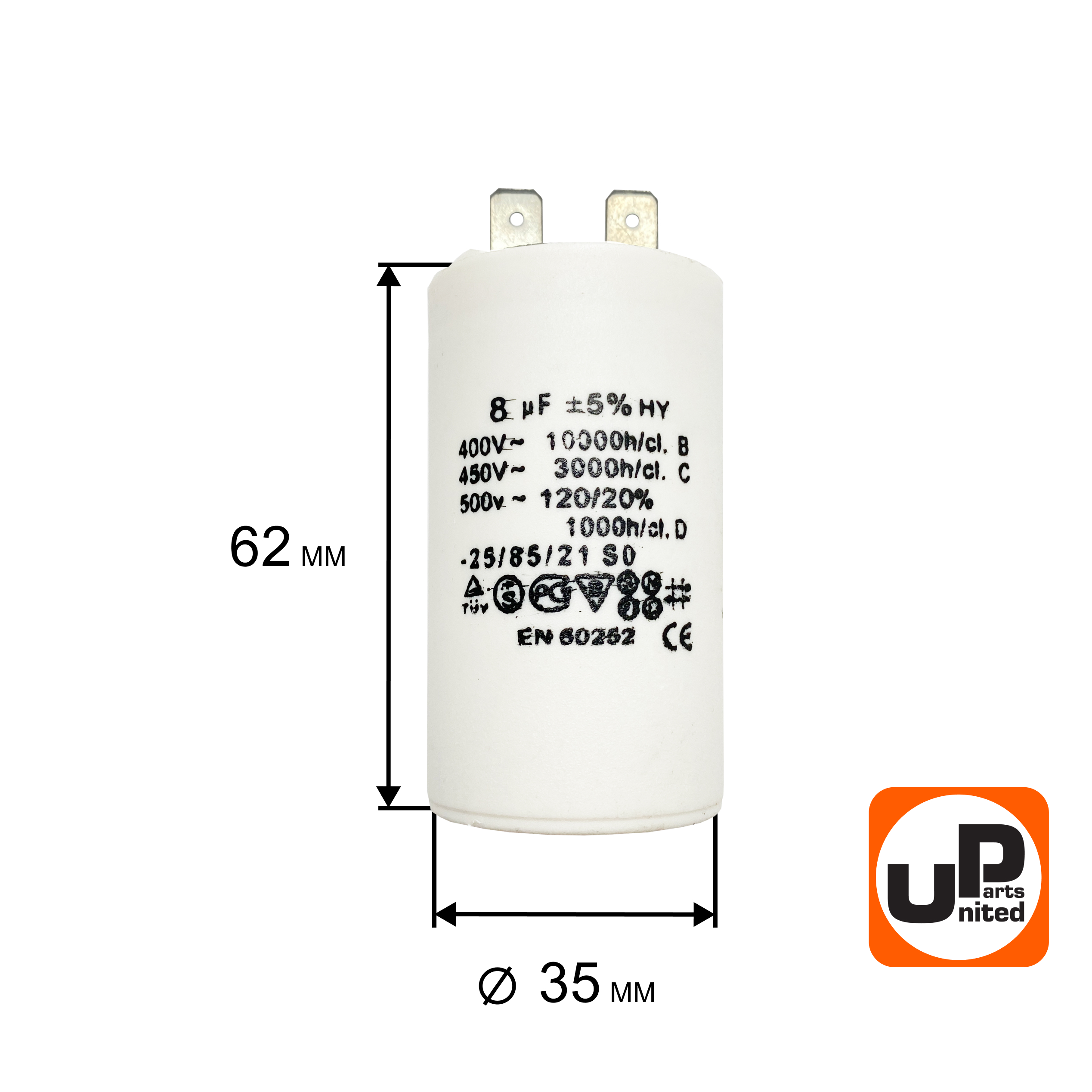 Конденсатор UNITED PARTS CBB60, 8 мкФ, 450В, 2 клеммы (90-0971), шт