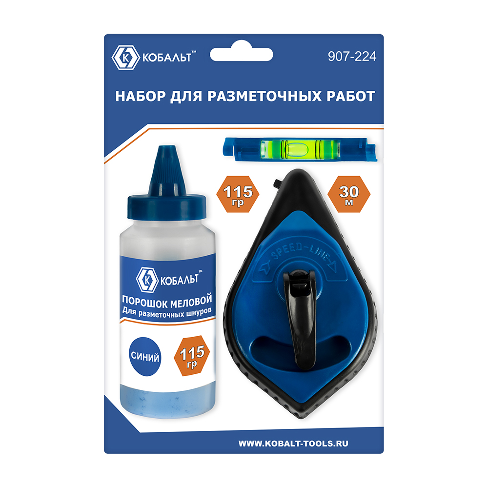 Набор шнур + краска КОБАЛЬТ , длина шнура 30 м., в пластиковом корпусе + синий меловой порошок, 115 гр. + уровень