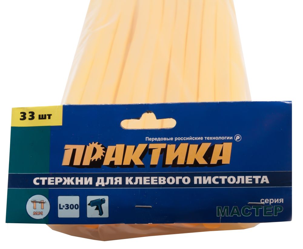 Клей для клеевого пистолета ПРАКТИКА жёлтый, прозрачный, 11 х 300 мм, 33 шт / пакет с подвесом