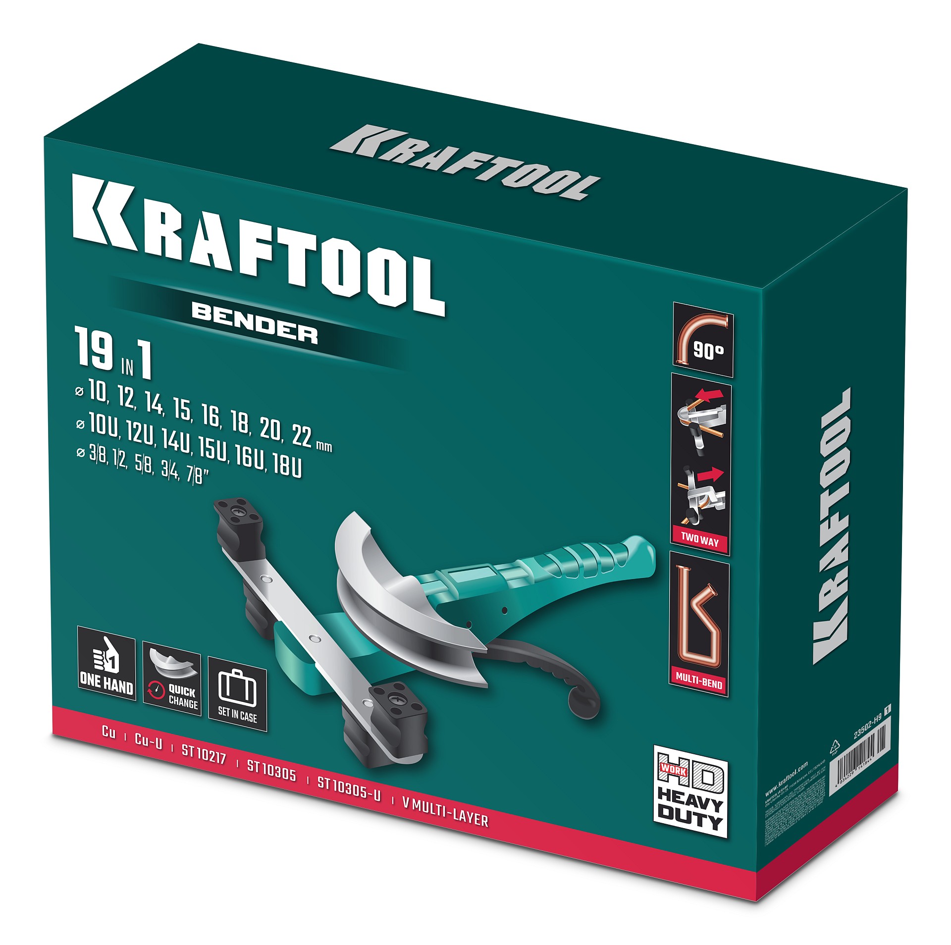 KRAFTOOL 19в1, 3/8 - 7/8”, 10 - 22мм, рычажный трубогиб арбалетного типа (23502-H9)