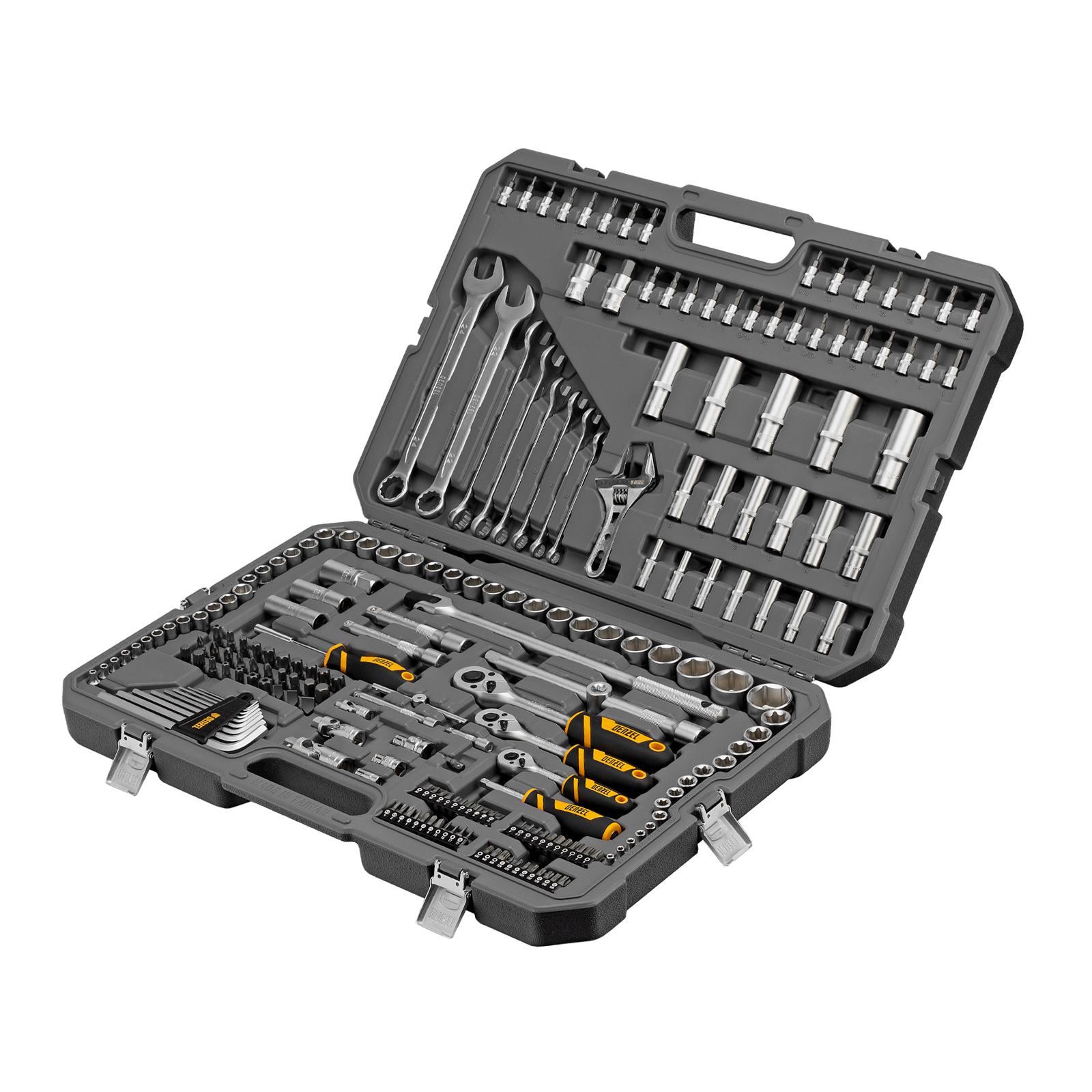 Набор инструментов, 1/2", 1/4", 3/8", CrV, S2, пластиковый кейс, 216 предметов Denzel