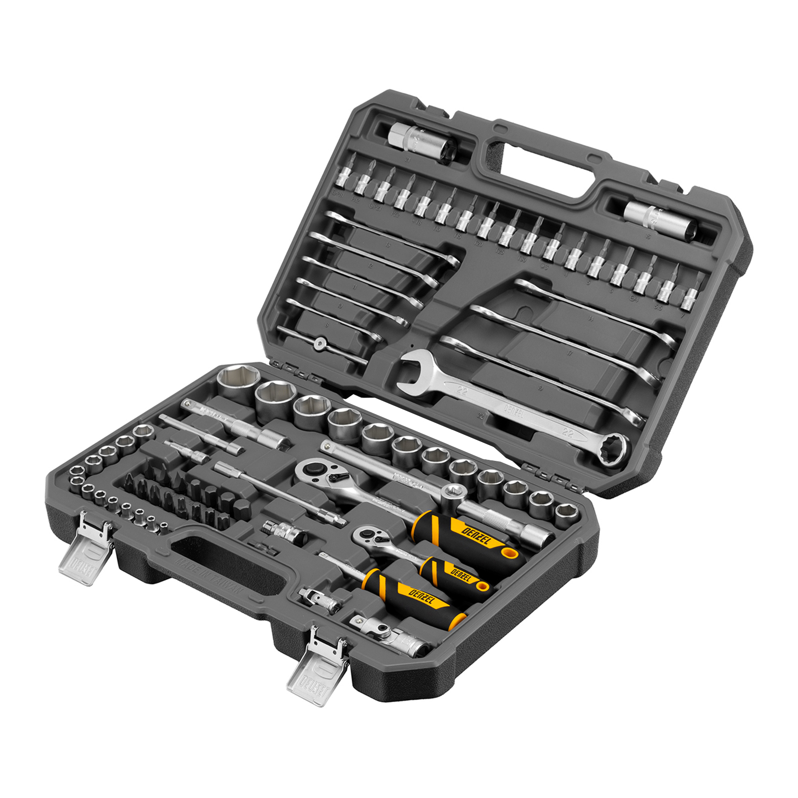Набор инструментов, 1/2", 1/4", CrV, S2, пластиковый кейс, 82 предмета Denzel