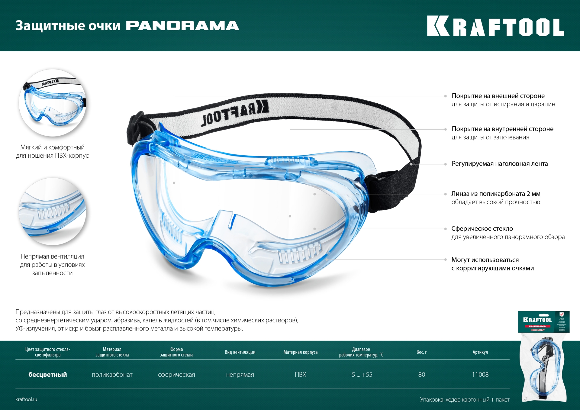 KRAFTOOL PANORAMA защитные очки закрытые, прозрачные, защита от царапин и запотевания, UV 380, оптический класс 1 (11008)