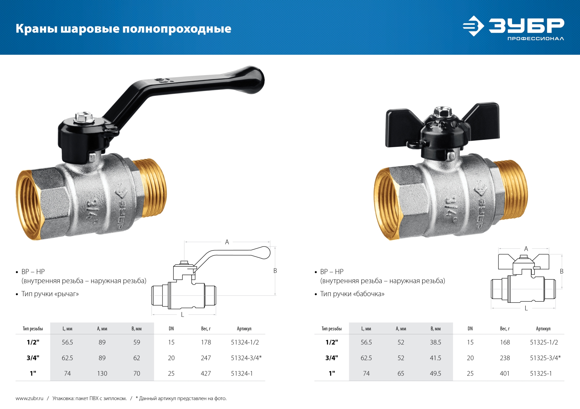 ЗУБР d 1″, ручка ″бабочка″, шаровой кран (51325-1)