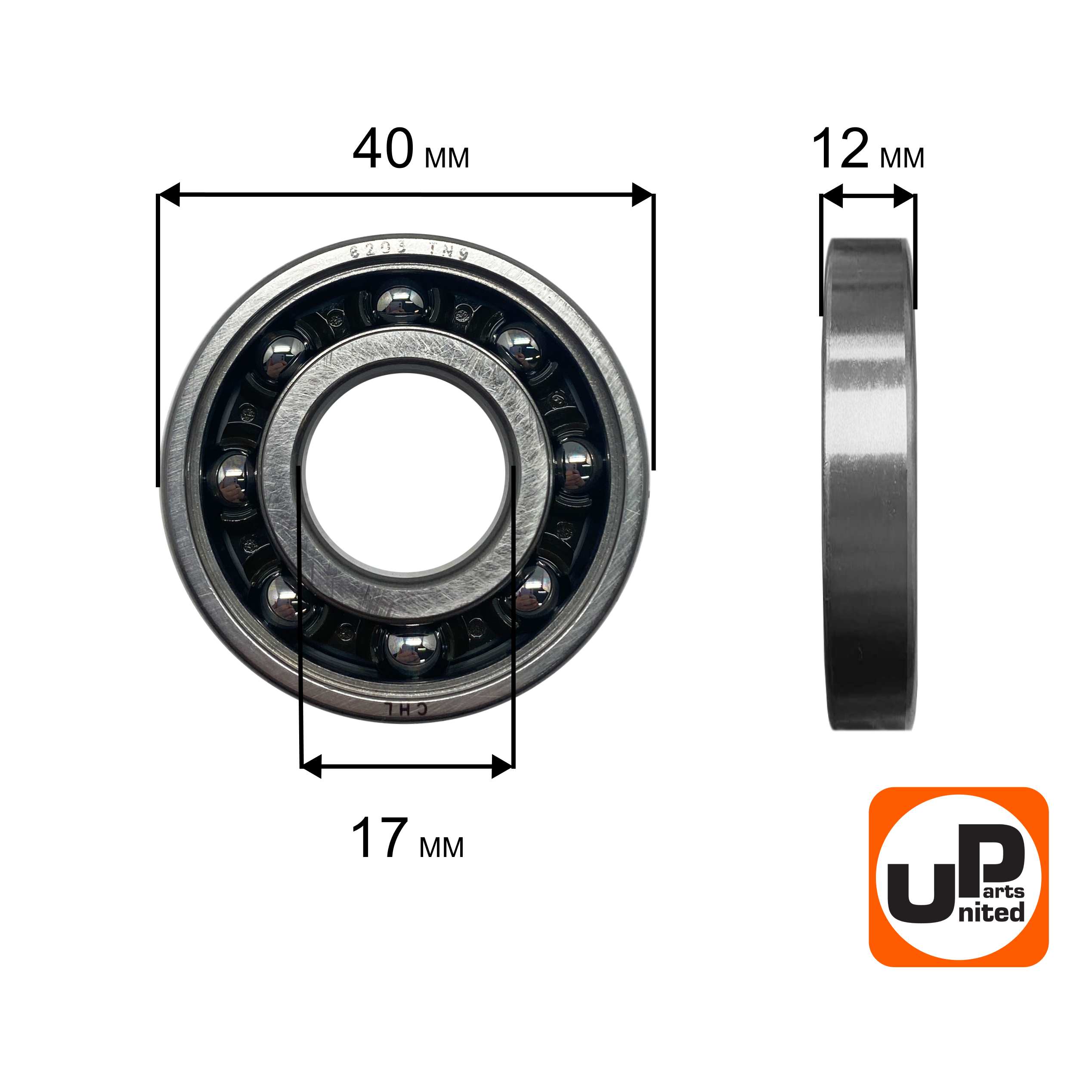 Подшипник шариковый UNITED PARTS 6203-TN9 пластиковый сепаратор (к/вала левый для TS400/460/500i/700/800 аналог 95030030450), шт