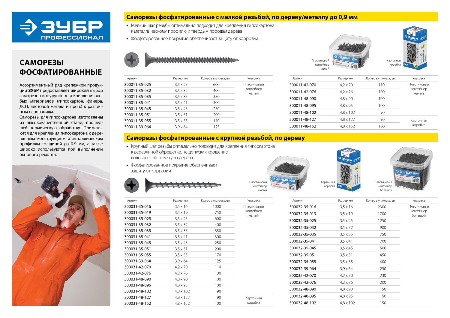 ЗУБР СГМ, 76 х 4.2 мм, фосфатированное покрытие, 400 шт (1,96 кг.), саморез гипсокартон-металл, Профессионал (300015-42-076)