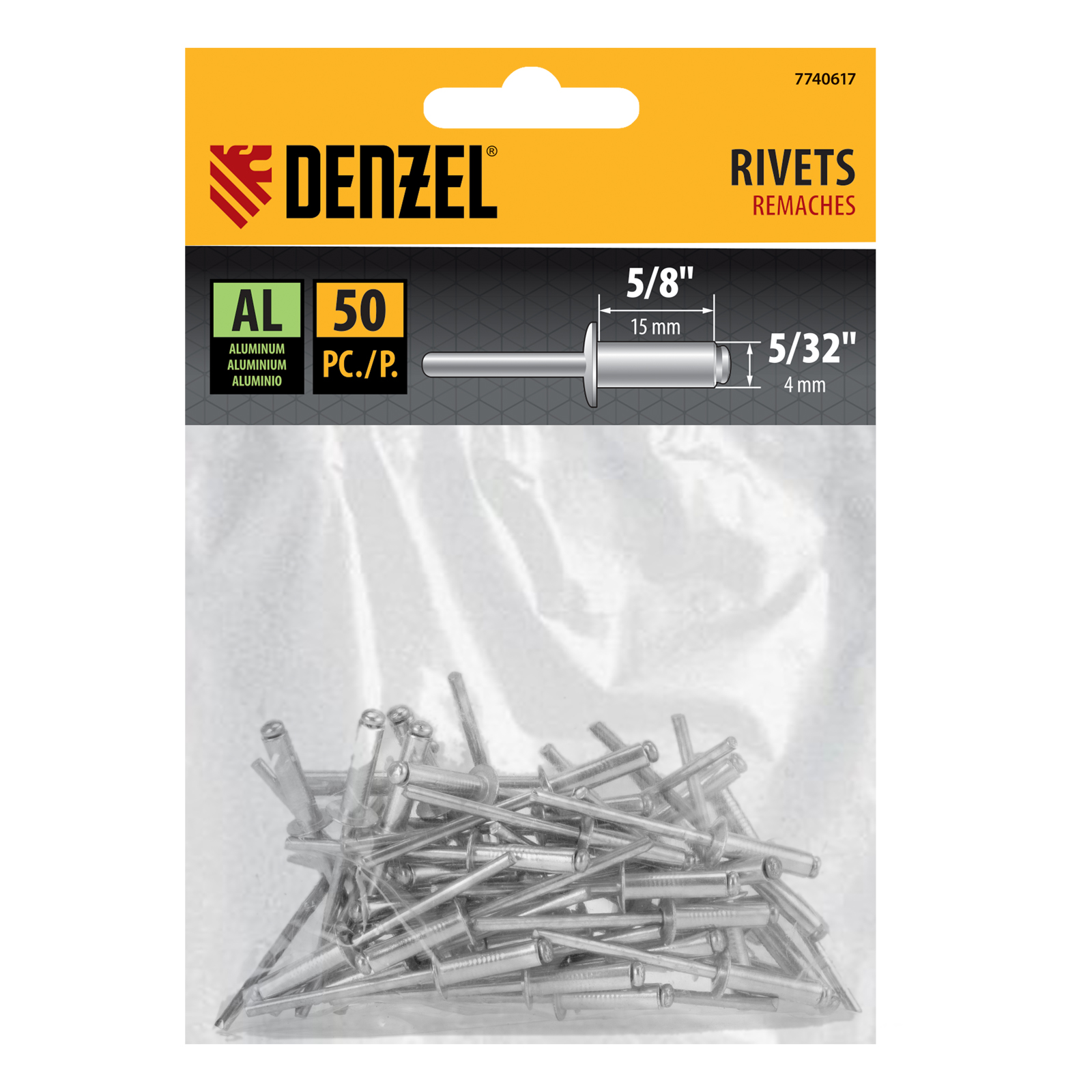 Заклепки алюминиевые, 5/32"-5/8", 4 х 15 мм, 50 шт Denzel