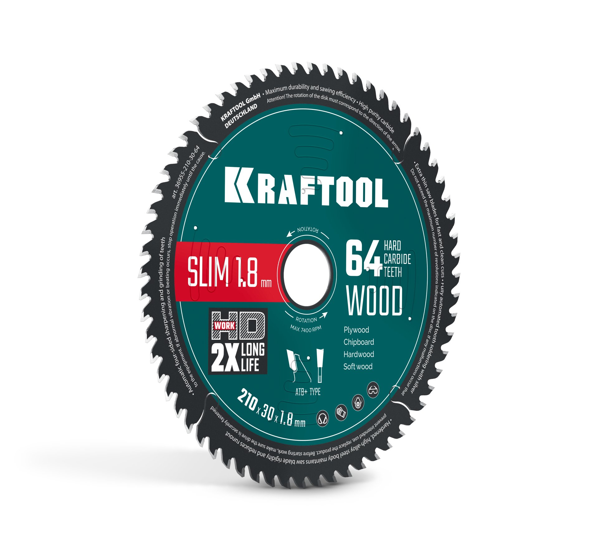 KRAFTOOL Slim wood cut 210 х 30 x 1.8 мм, 64Т, диск пильный по дереву, (36955-210-30-64)