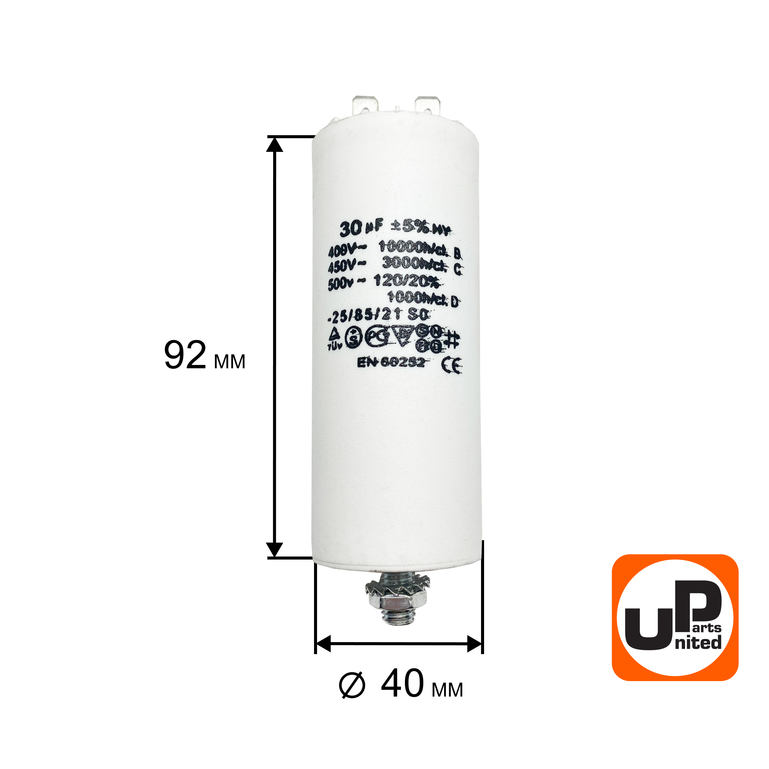 Конденсатор UNITED PARTS CBB60, 30 мкФ, 450В, 2 клеммы, шпилька M8 (90-0993), шт