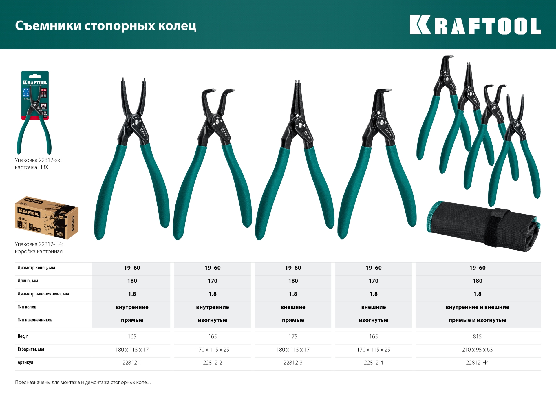 KRAFTOOL 170 мм, изогнутые губки, внешний, съемник стопорных колец (22812-4)