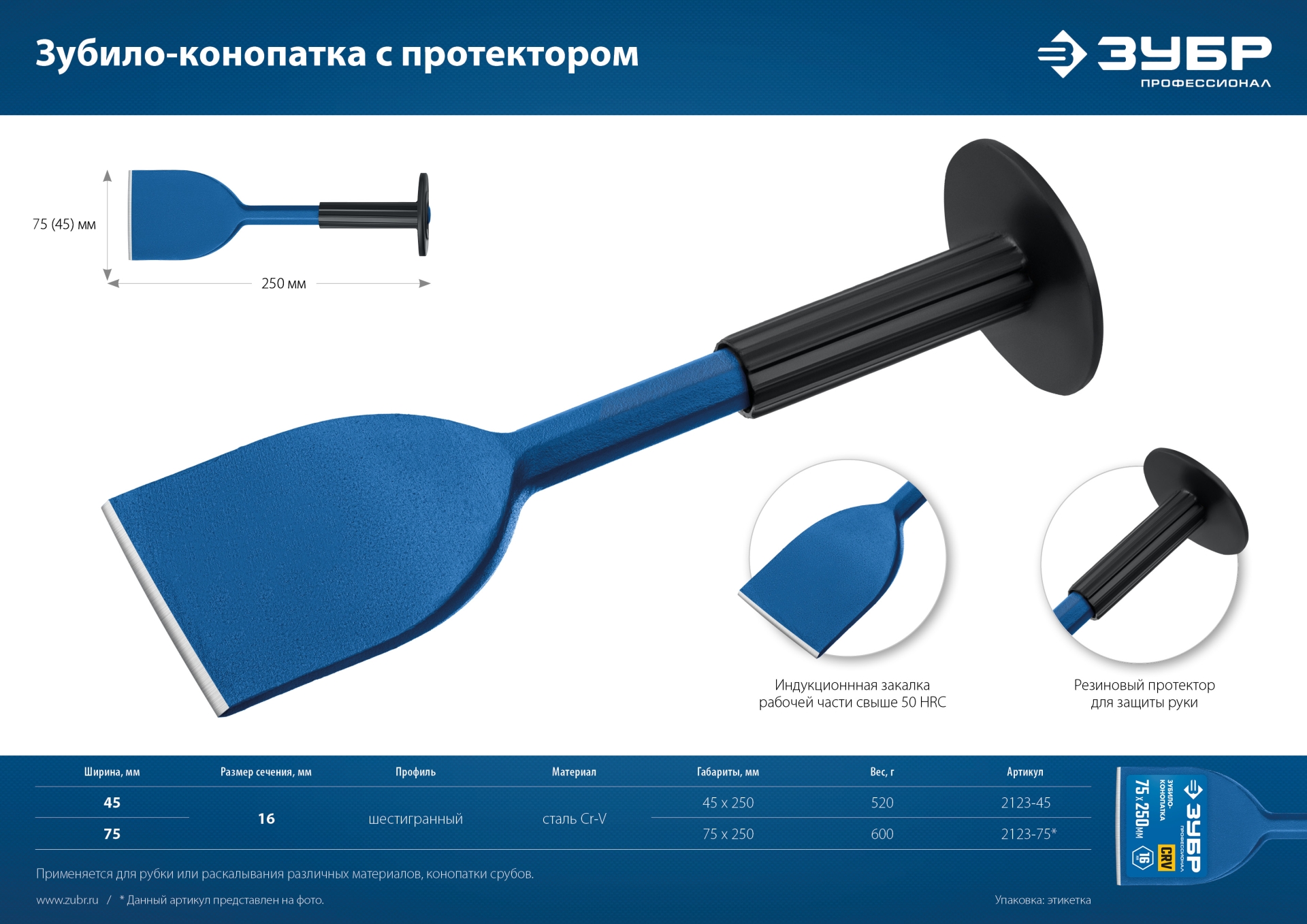 ЗУБР 75 х 250 мм, зубило-конопатка с протектором, Профессионал (2123-75)