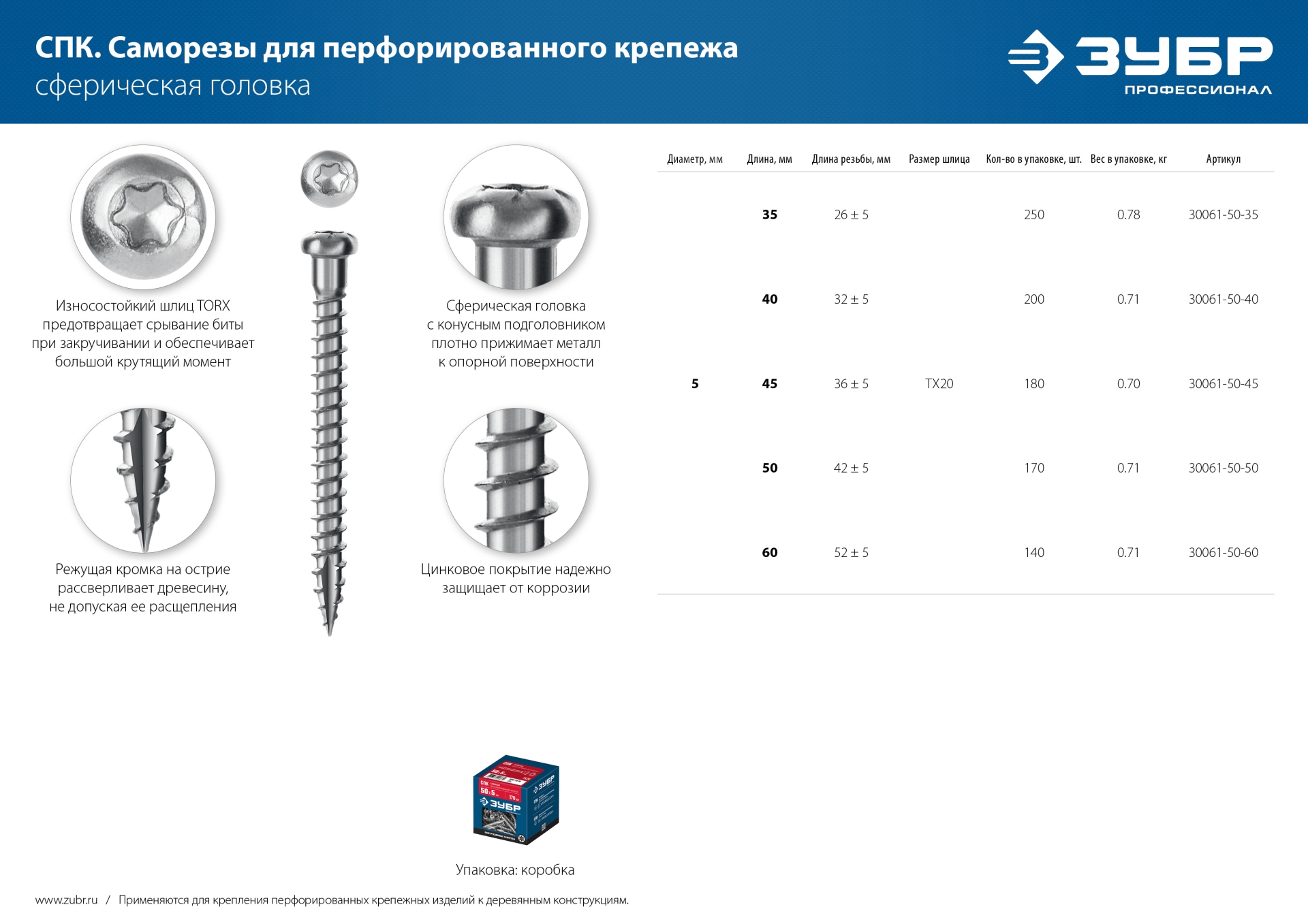 ЗУБР СПК, 50 х 5 мм, TX20, цинк 170 шт (0,68 кг.), саморез для перфорированного крепежа, Профессионал (30061-50-50)