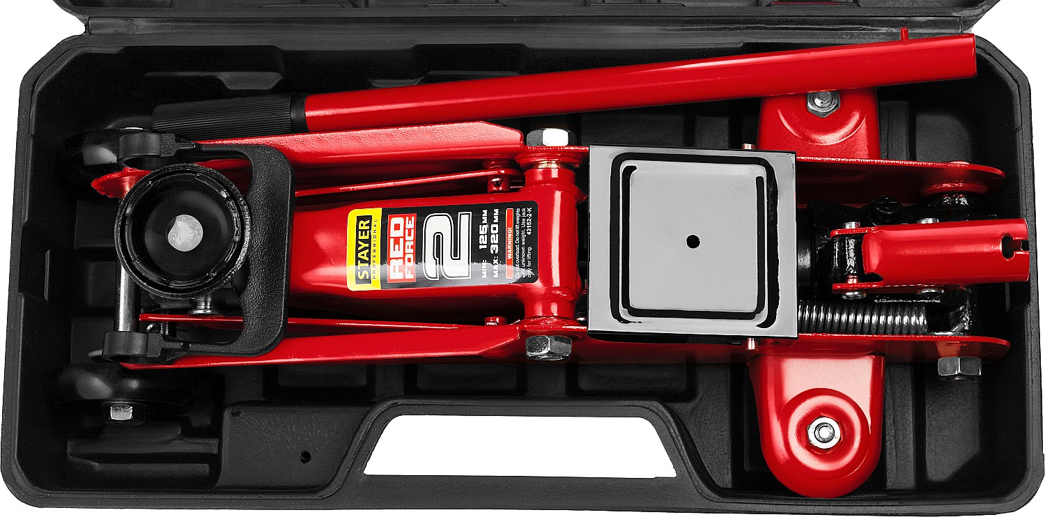 STAYER R-22 RED FORCE, в кейсе, 2 т, 125 - 320 мм, подкатной домкрат для легковых а/м, Professional (43152-2-K)