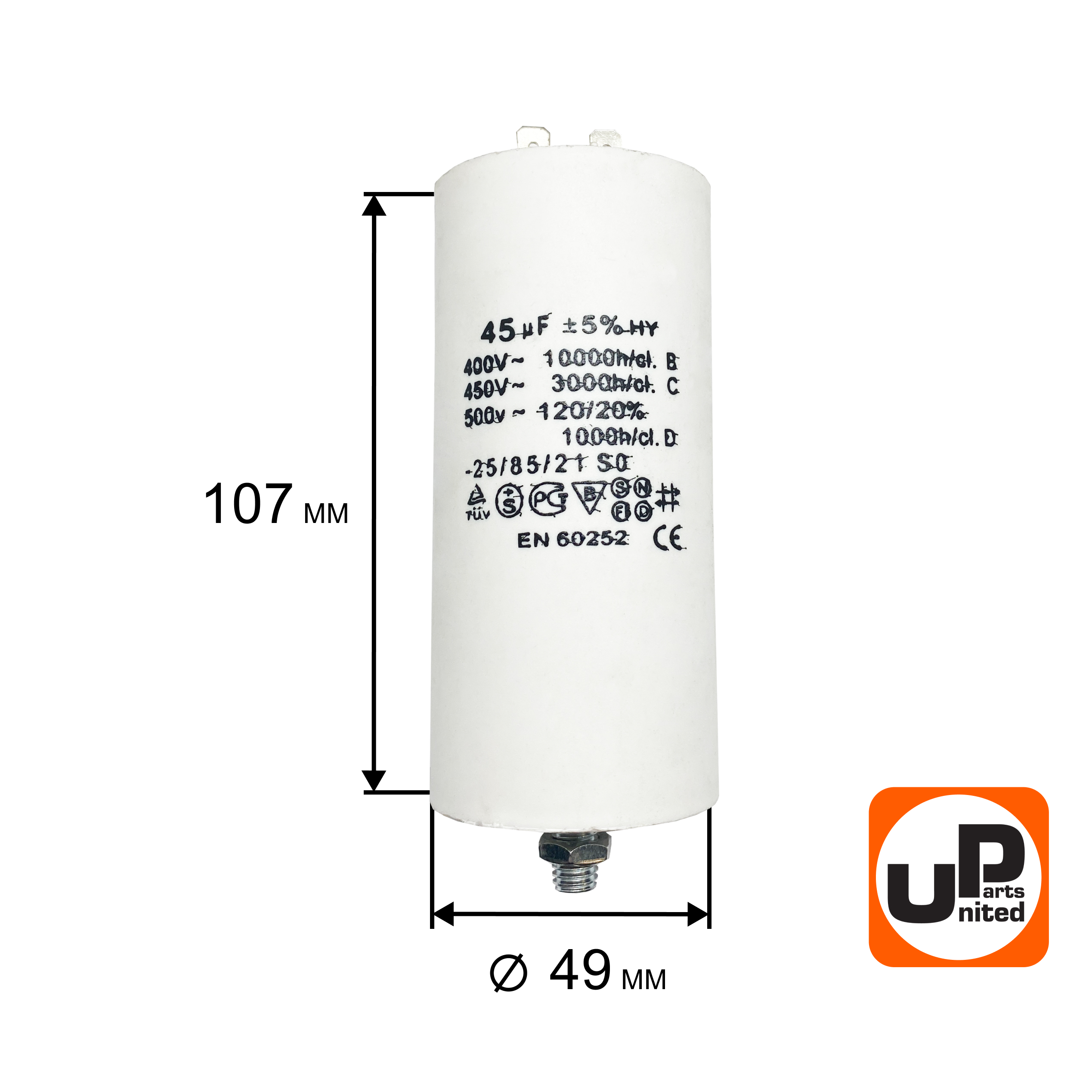Конденсатор UNITED PARTS CBB60, 45 мкФ, 450В, 2 клеммы, шпилька M8 (90-0996), шт