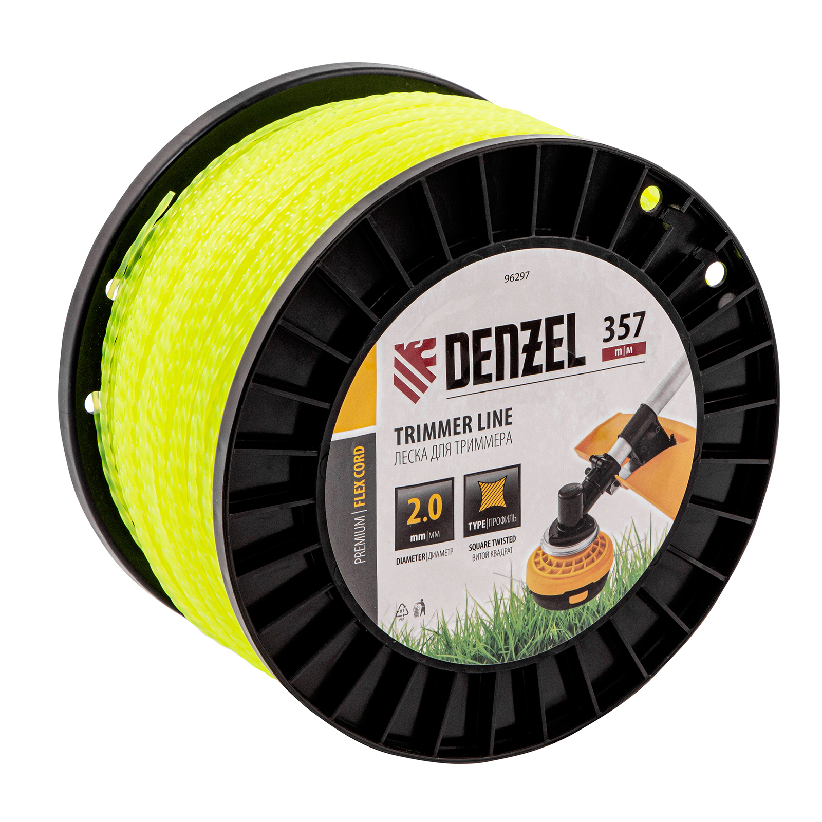 Леска для триммера витой квадрат, 2,0мм х 357м, на DIN катушке FLEX CORD Denzel