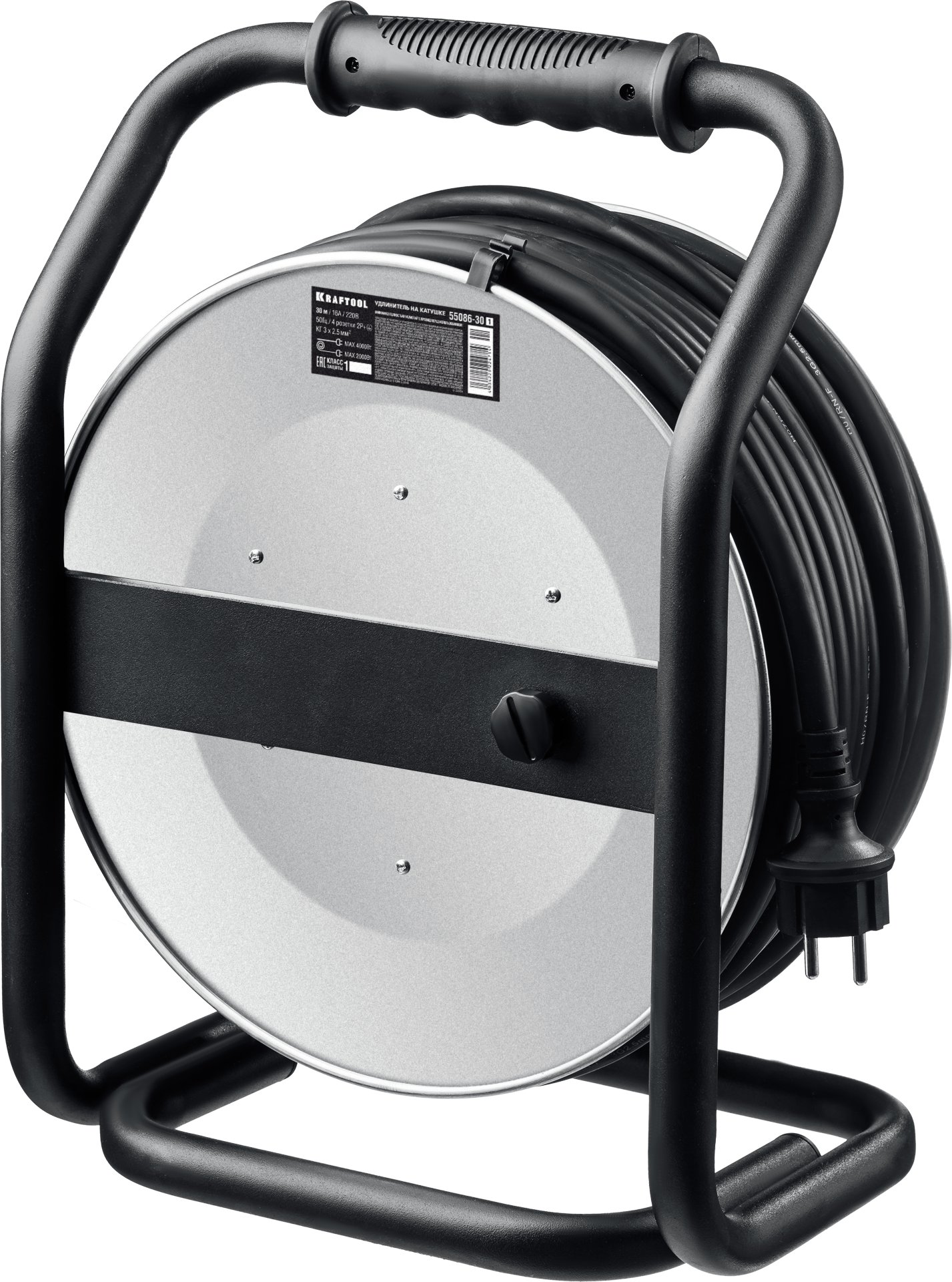 KRAFTOOL HEAVY DUTY 4.0, КГ 3х2.5 30м 4000Вт IP44, силовой удлинитель на стальной катушке (55086-30)