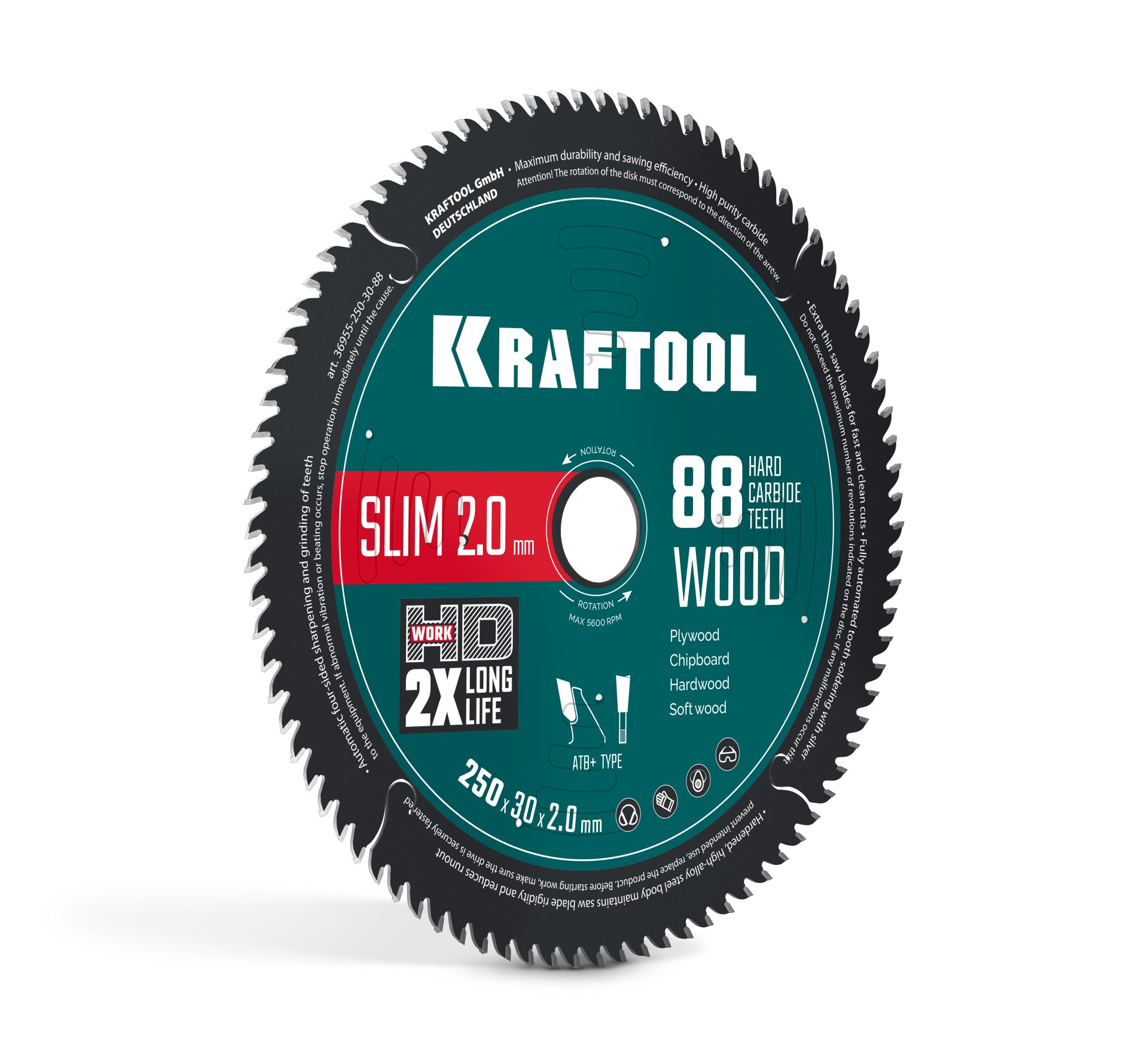KRAFTOOL Slim wood cut 250 х 30 x 2.0 мм, 88Т, диск пильный по дереву, (36955-250-30-88)