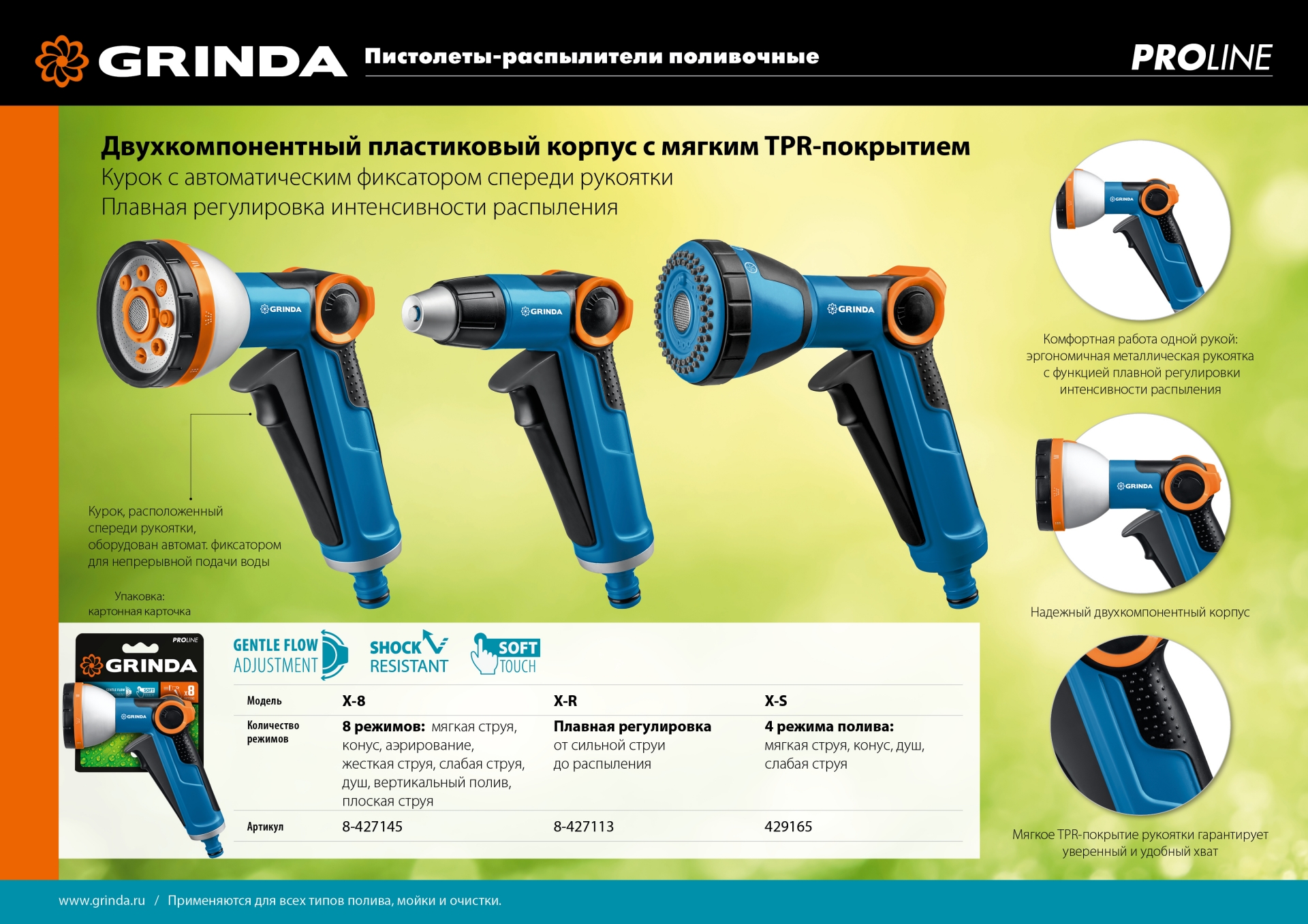 GRINDA X-S, с регулятором напора, душевой, 4 режима, курок спереди, двухкомпонентный, поливочный пистолет, PROLine (429165)