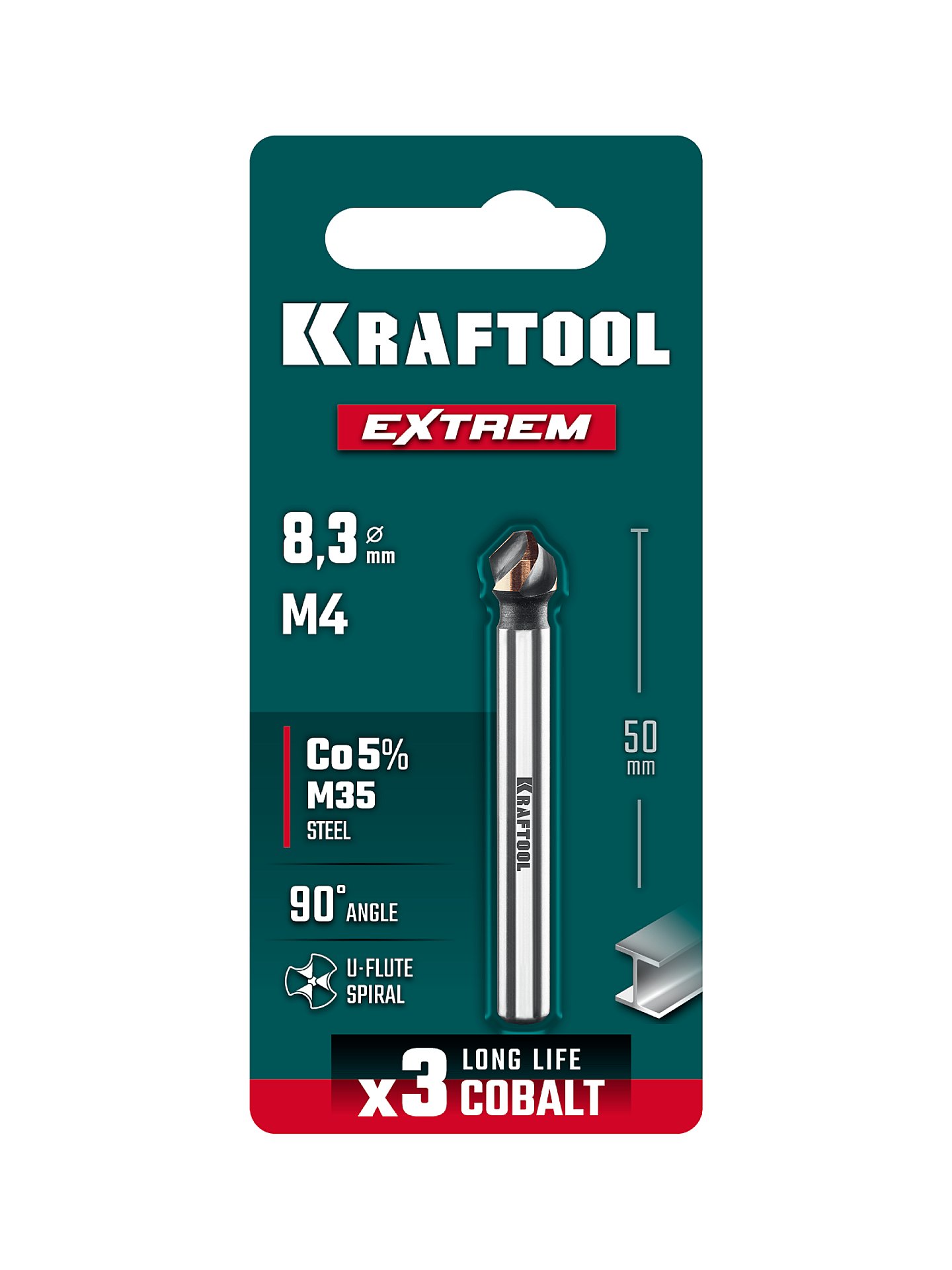 KRAFTOOL EXTREM, d 8.3х6х50 мм, Z3, 90°, сталь M35, U-образная спираль, зенковка (29734-4)