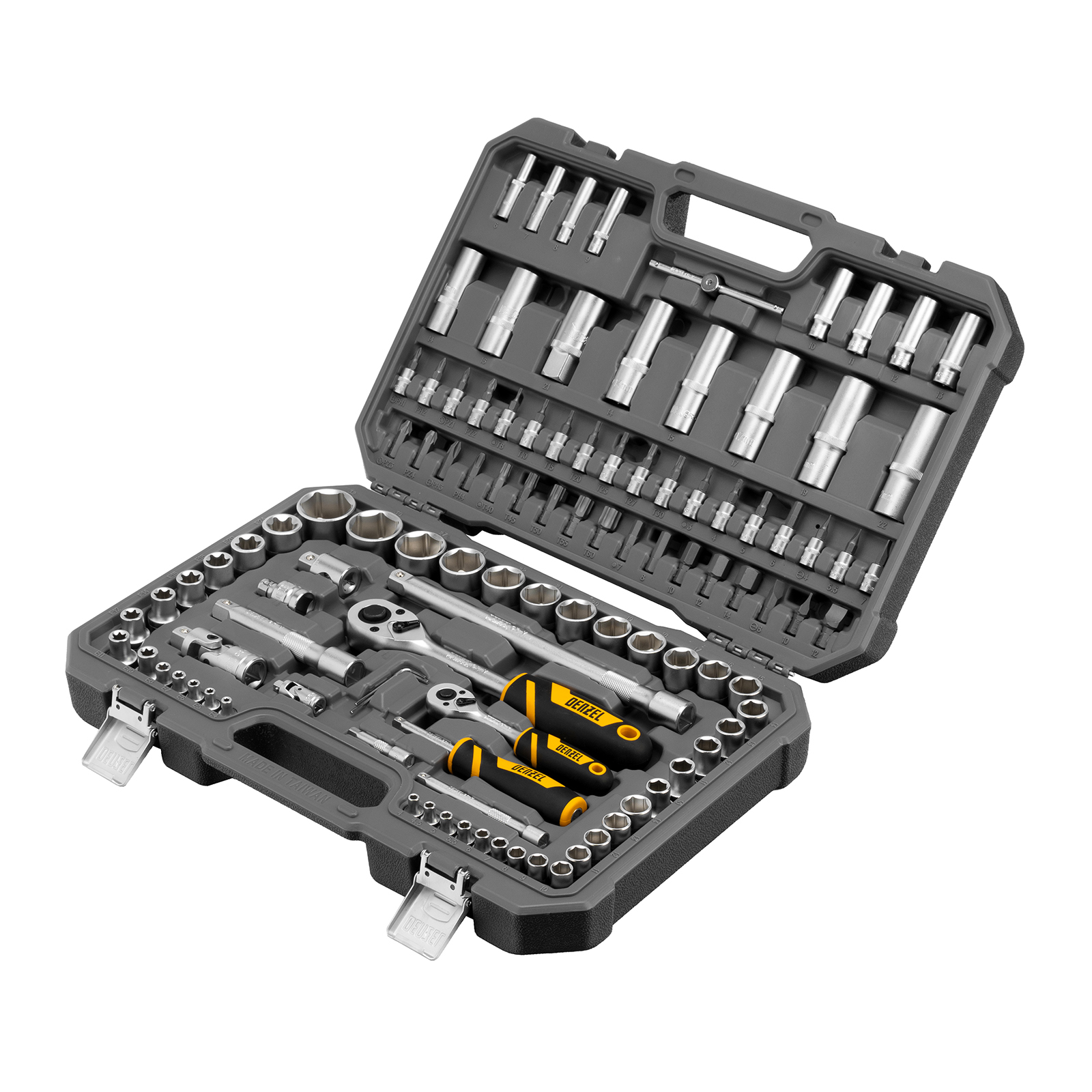 Набор инструментов, 1/2", 1/4", CrV, S2, пластиковый кейс, 109 предметов Denzel