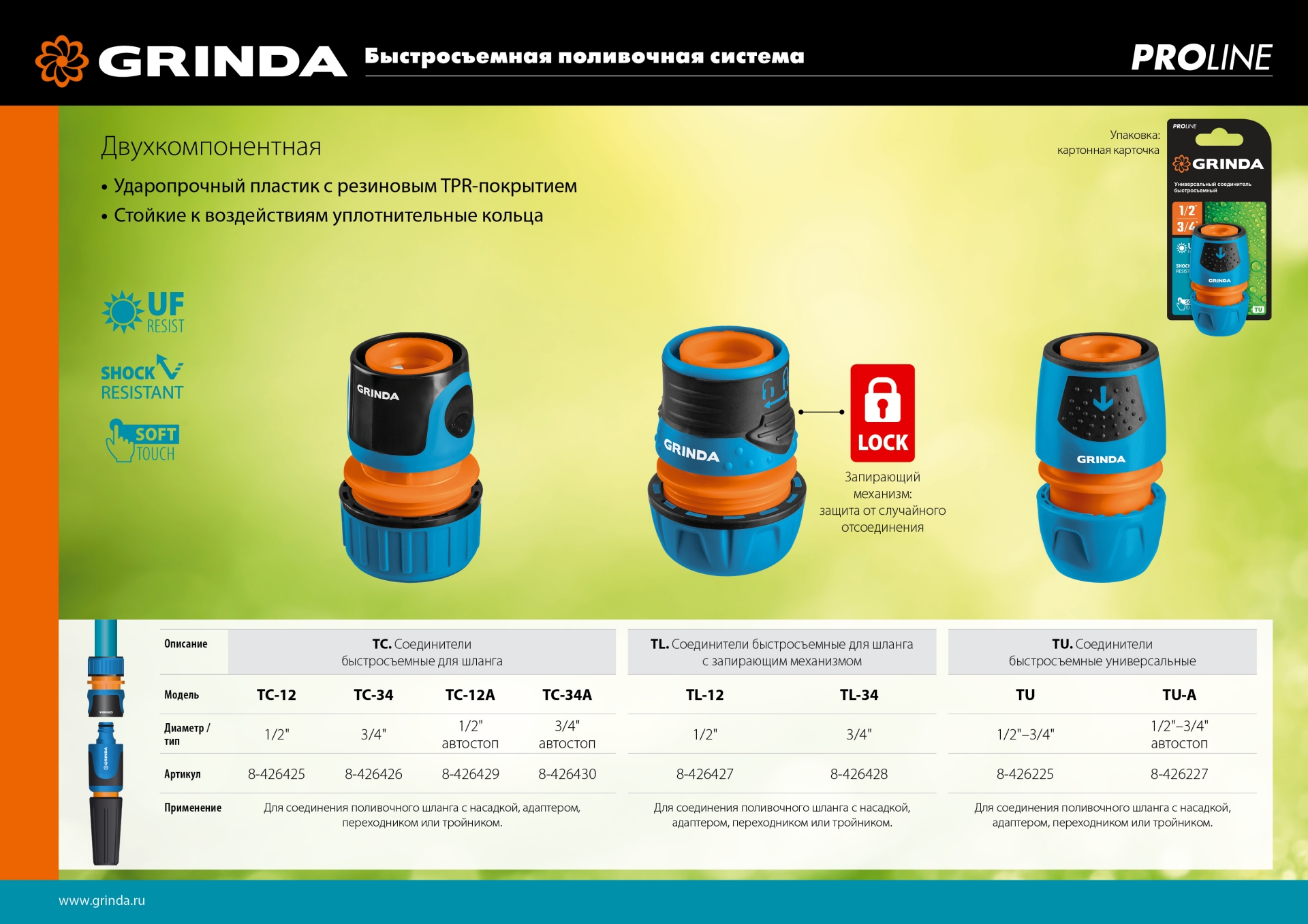 GRINDA TU-A, 1/2″ - 3/4″, быстросъемный, с автостопом, пластиковый с TPR, для шланга, универсальный соединитель, PROLine (8-426227)