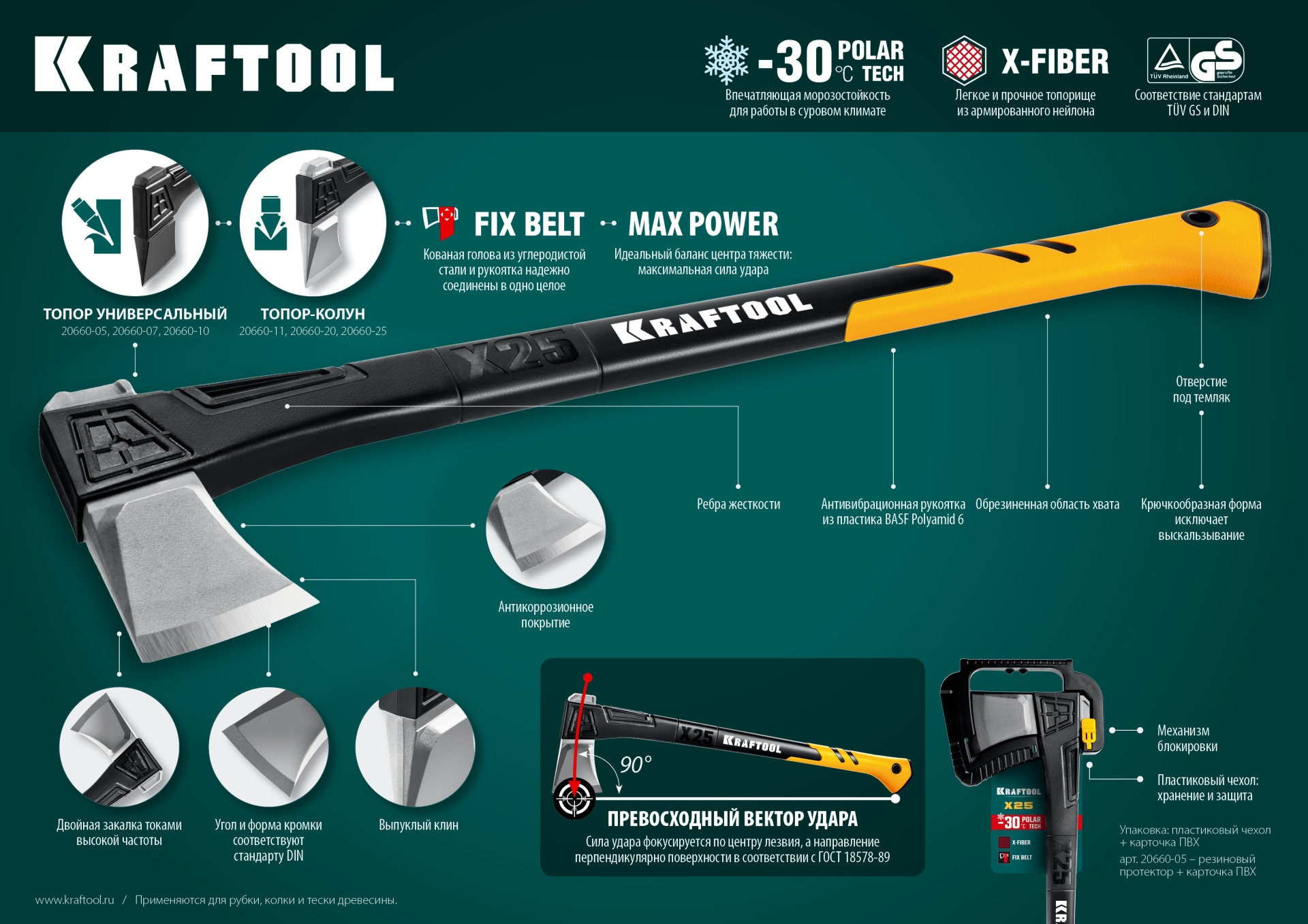KRAFTOOL X5, 440/620 г, в чехле, 230 мм, универсальный топор (20660-05)