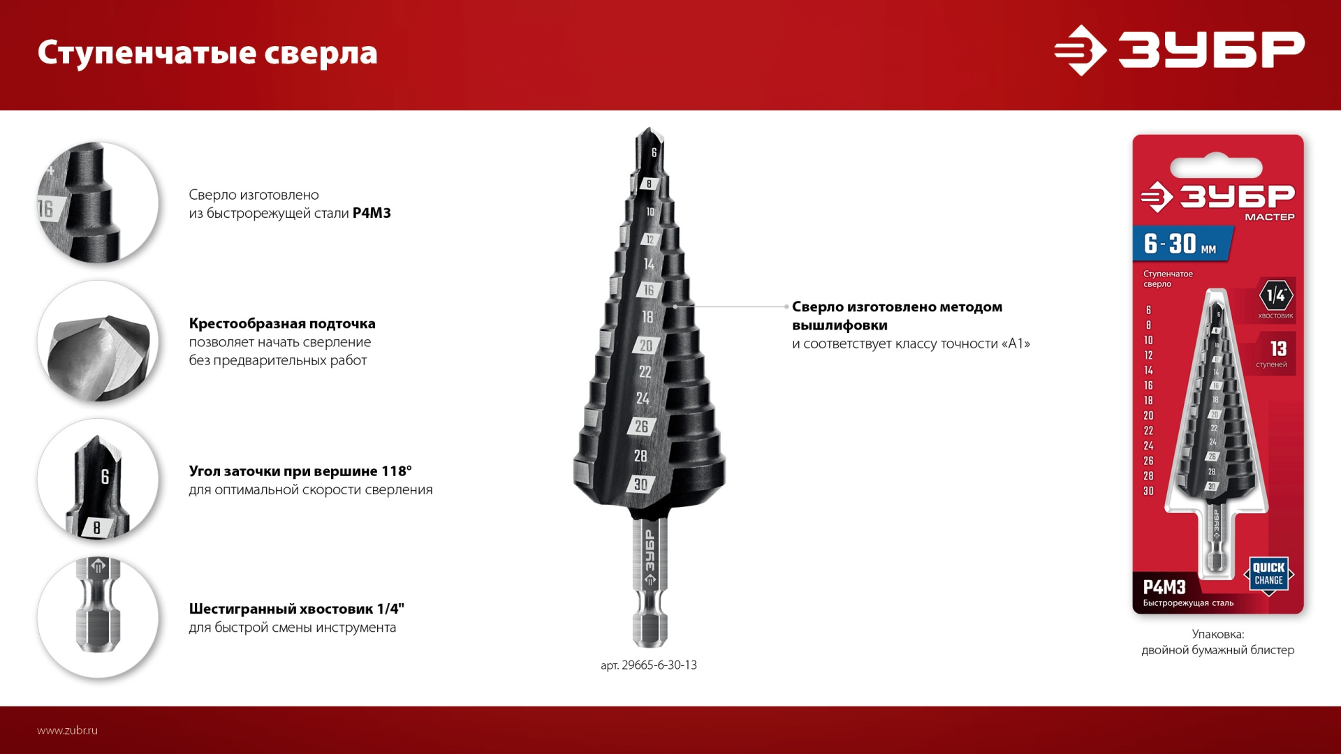 ЗУБР 4-39мм, 14 ступеней, сверло ступенчатое(29665-4-39-14)