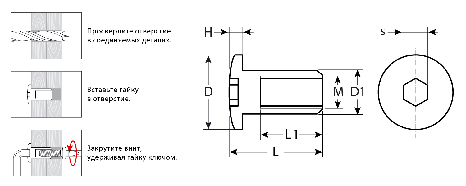 ЗУБР M6 x 12 мм, шест. 4 мм, цинк, 5 кг, гайка Эриксона с полукруглой головкой, Профессионал (303760-4)