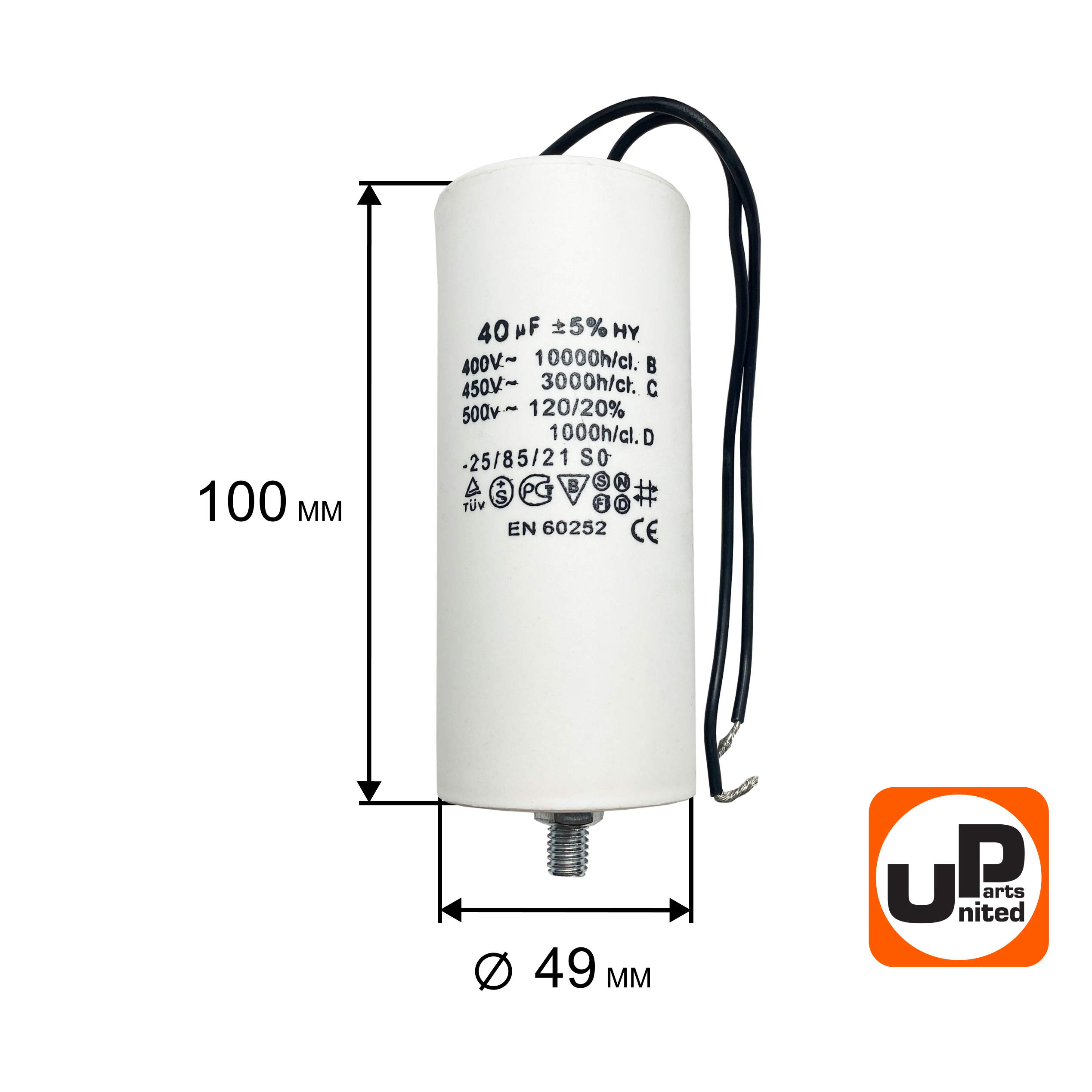 Конденсатор UNITED PARTS CBB60, 40 мкФ, 450В, гибкие выводы+шпилька (90-0337), шт