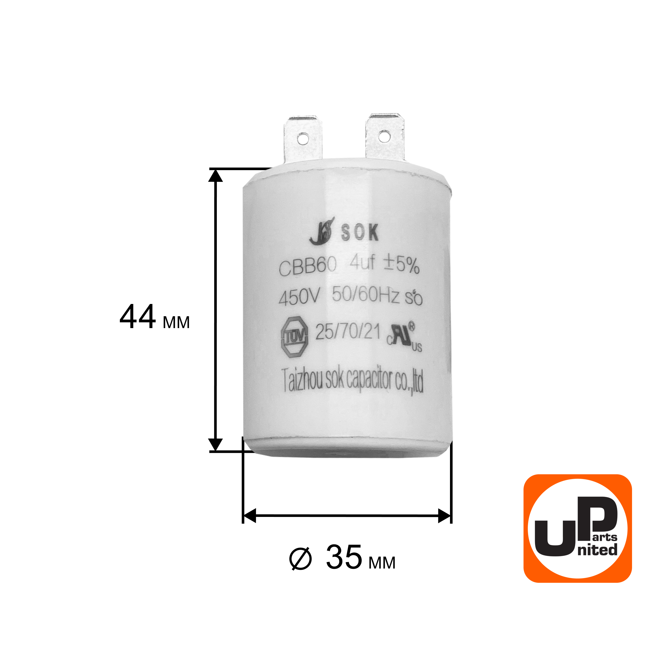 Конденсатор UNITED PARTS CBB60, 4 мкФ, 450В, клеммы (90-0350), шт