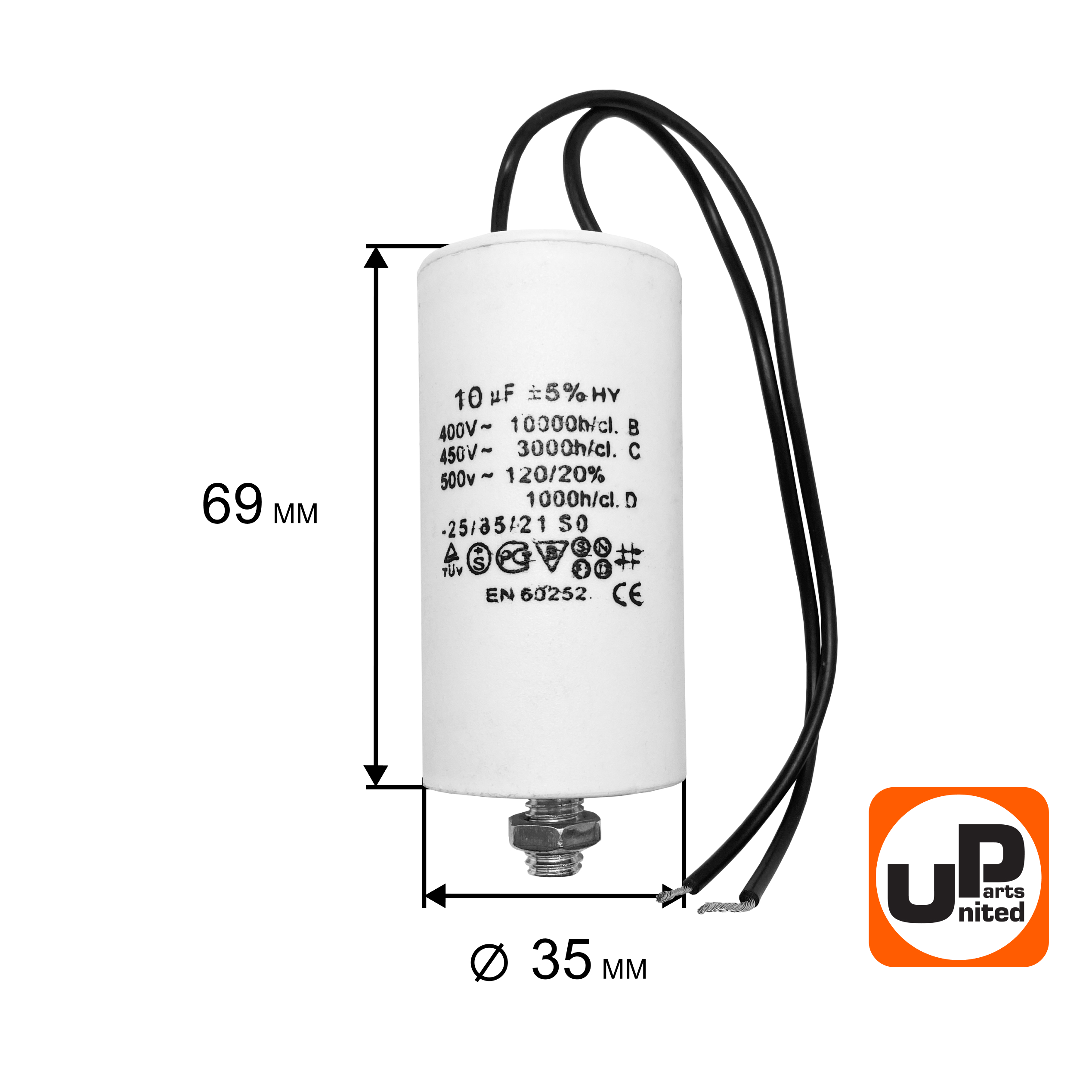 Конденсатор UNITED PARTS CBB60, 10 мкФ, 450В, гибкие выводы, шпилька М8 (90-1001), шт