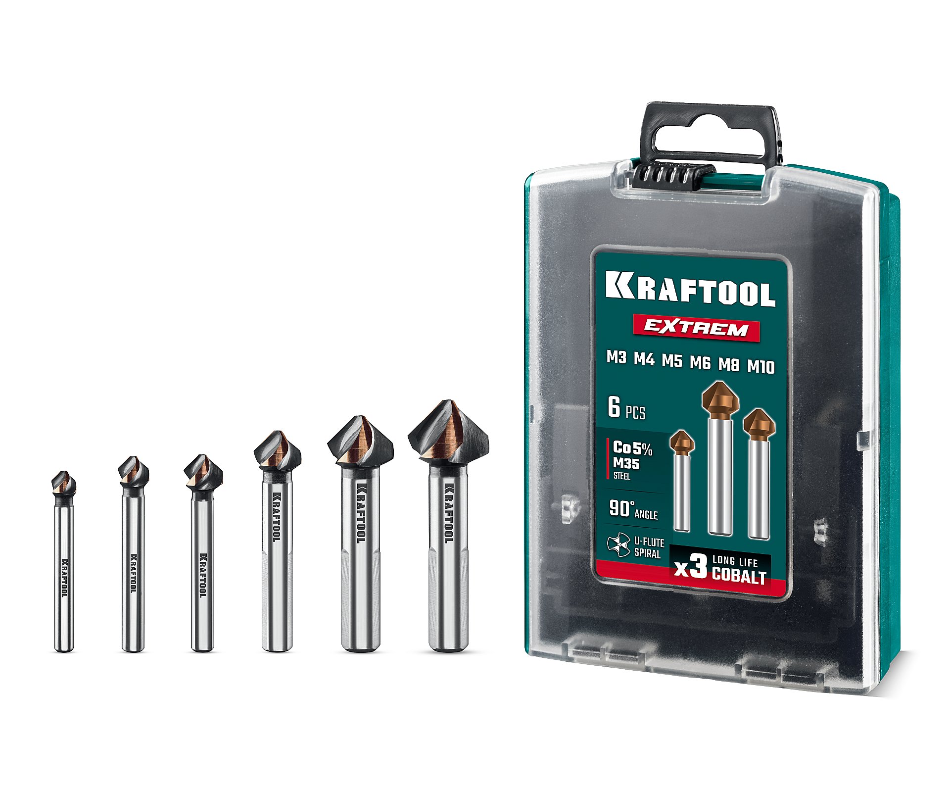 KRAFTOOL EXTREM, 6 шт (6.3, 8.3, 10.4, 12.4, 16.5, 20.5 мм), Z3, 90°, сталь M35, U-образная спираль, набор зенковок (29734-H6)