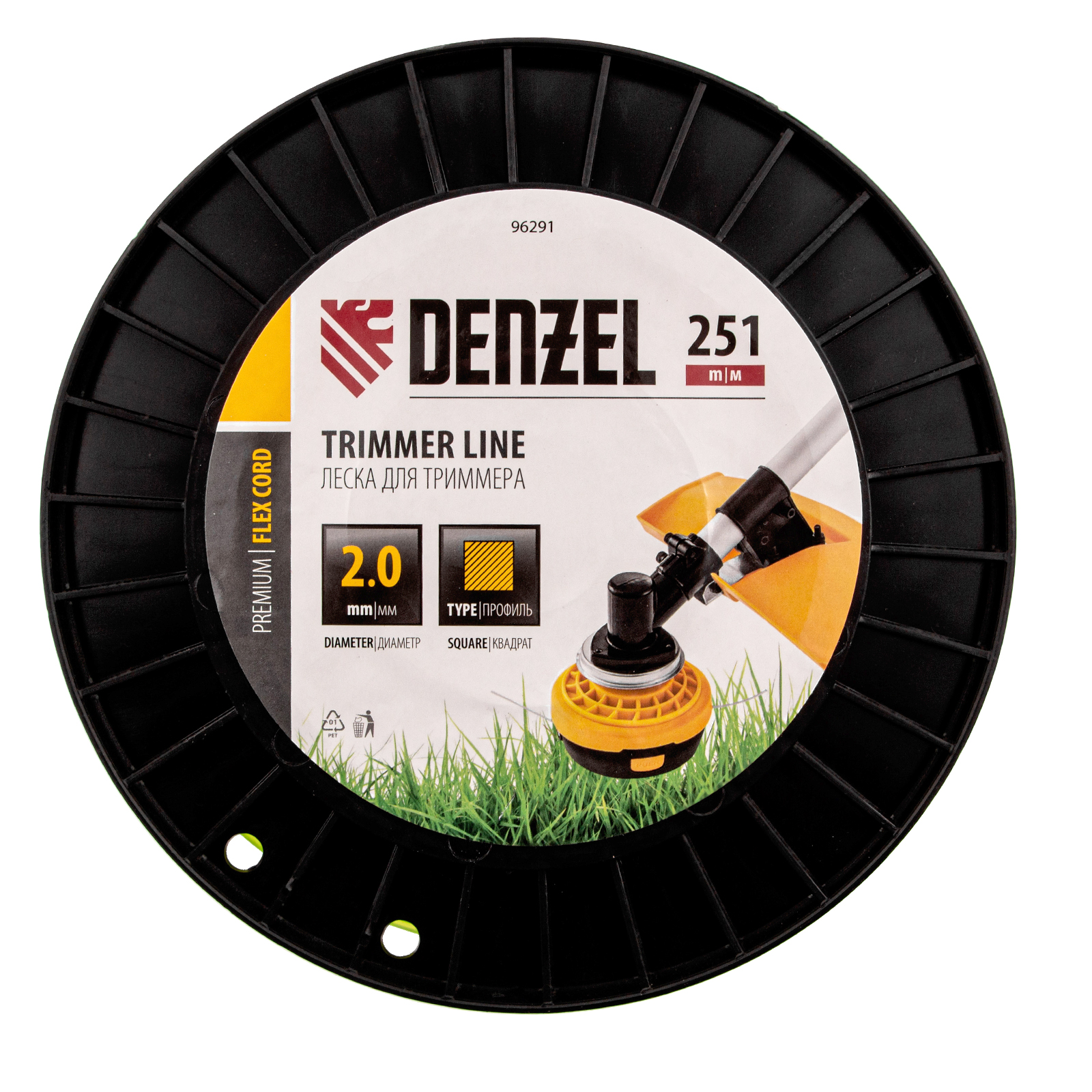 Леска для триммера квадрат, 2,0мм х 251м, на DIN катушке FLEX CORD Denzel