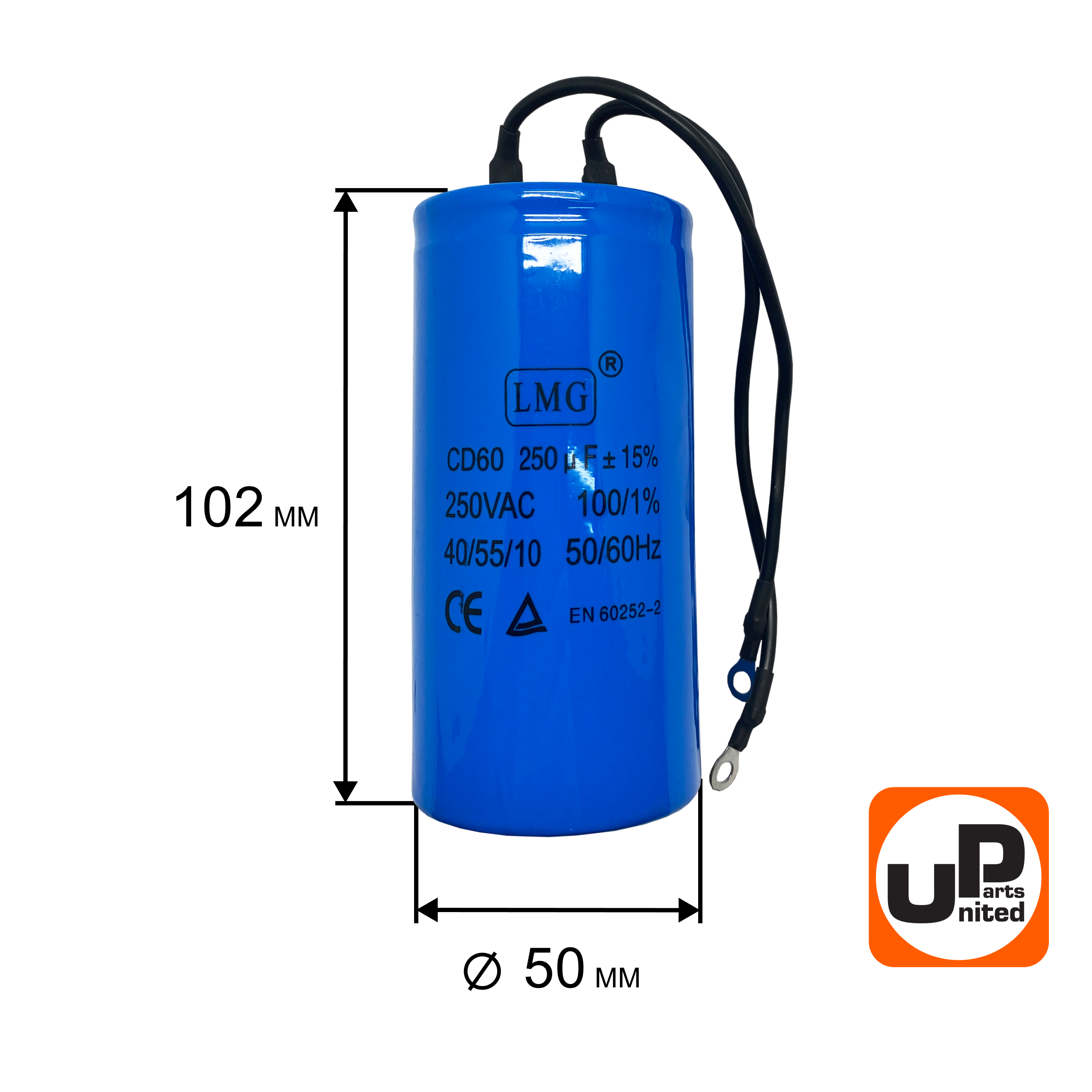 Конденсатор UNITED PARTS CD60, 250 мкФ ,250В, клеммы (90-0341), шт