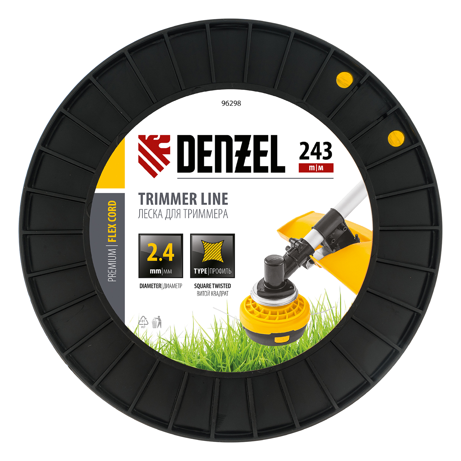 Леска для триммера витой квадрат, 2,4мм х 243м, на DIN катушке FLEX CORD Denzel