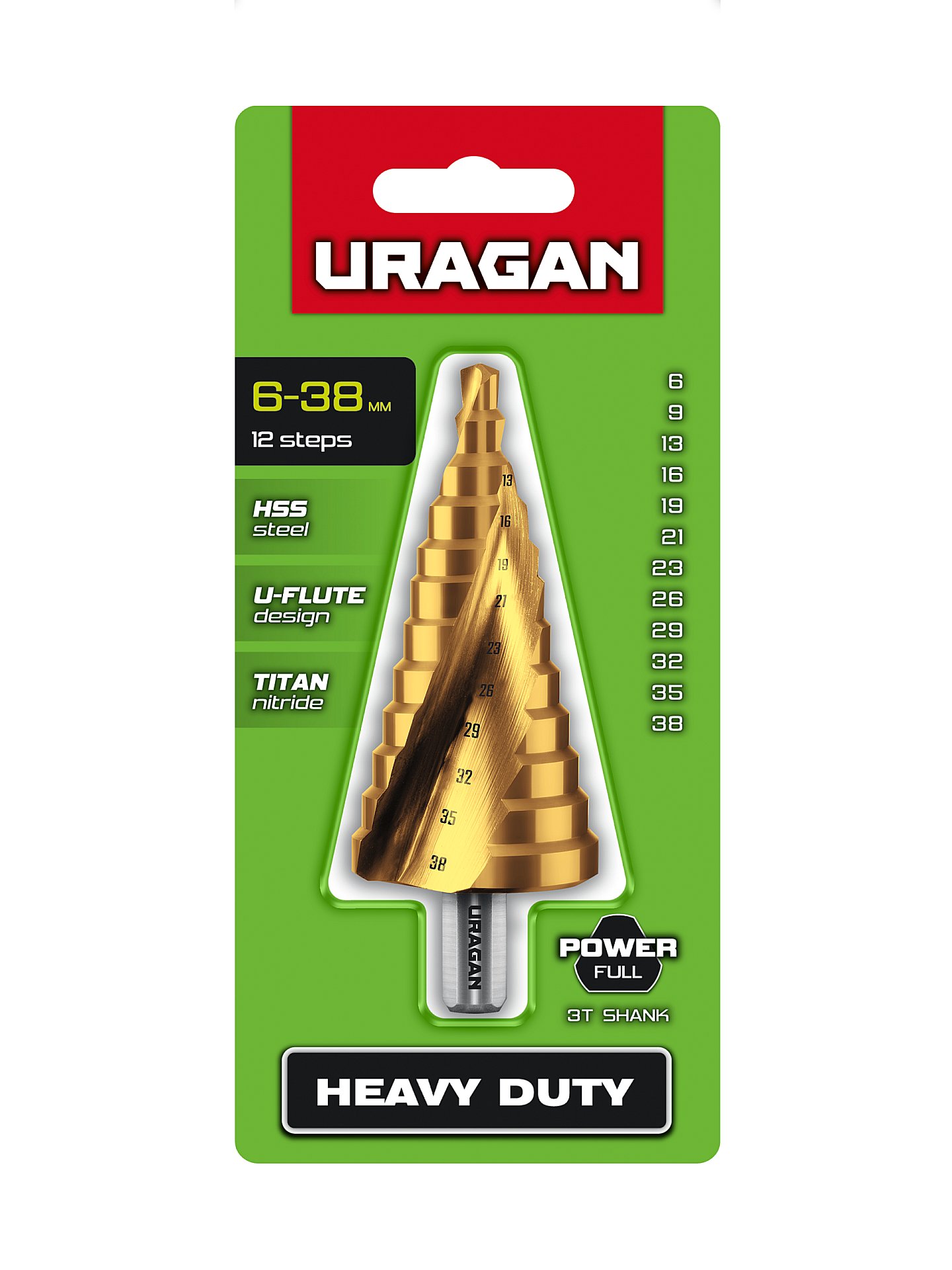 URAGAN 6-38мм, 12 ступеней, винтовая спираль, сверло ступенчатое (29658-6-38-12)