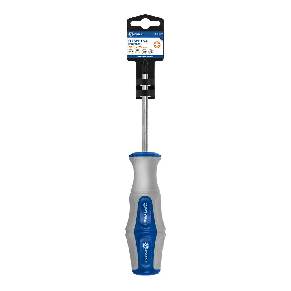Отвёртка КОБАЛЬТ Ultra Grip PZ-1 х 75 ммCR-V, двухкомпонентная рукоятка (1 шт.) подвес