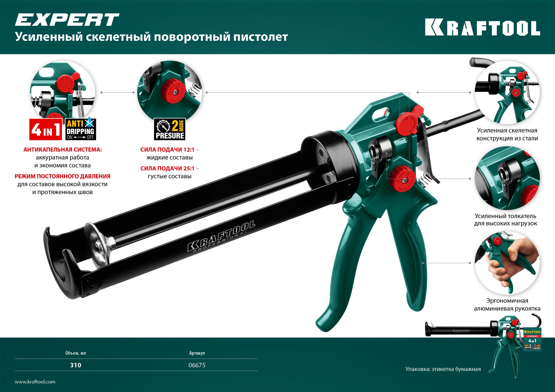 KRAFTOOL Expert 4-in-1 310 мл, скелетный пистолет для герметика (06675)
