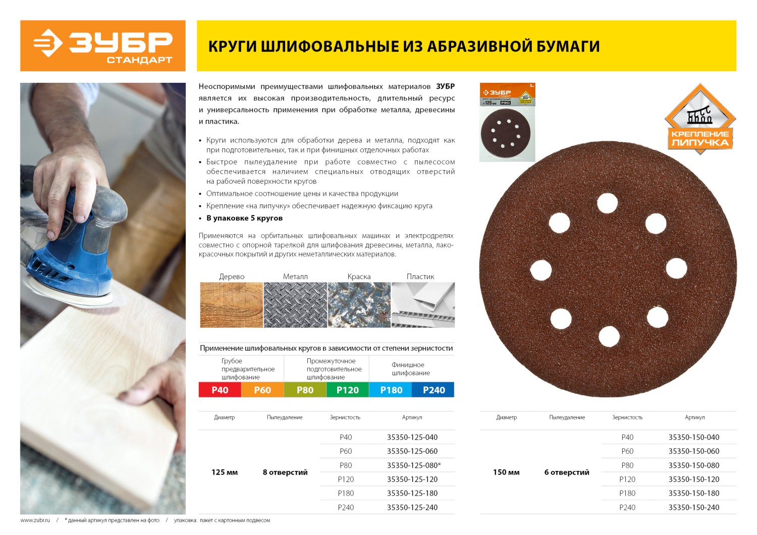 Круг шлифовальный ЗУБР ″СТАНДАРТ″ из абразивной бумаги на велкро основе, 8 отв., Р80, 125мм, 5шт