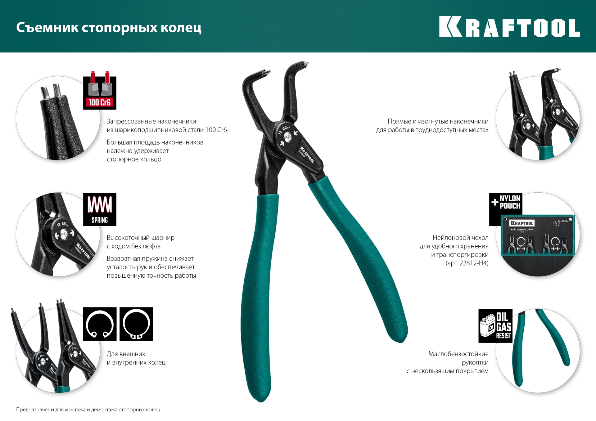 KRAFTOOL 170 мм, изогнутые губки, внешний, съемник стопорных колец (22812-4)