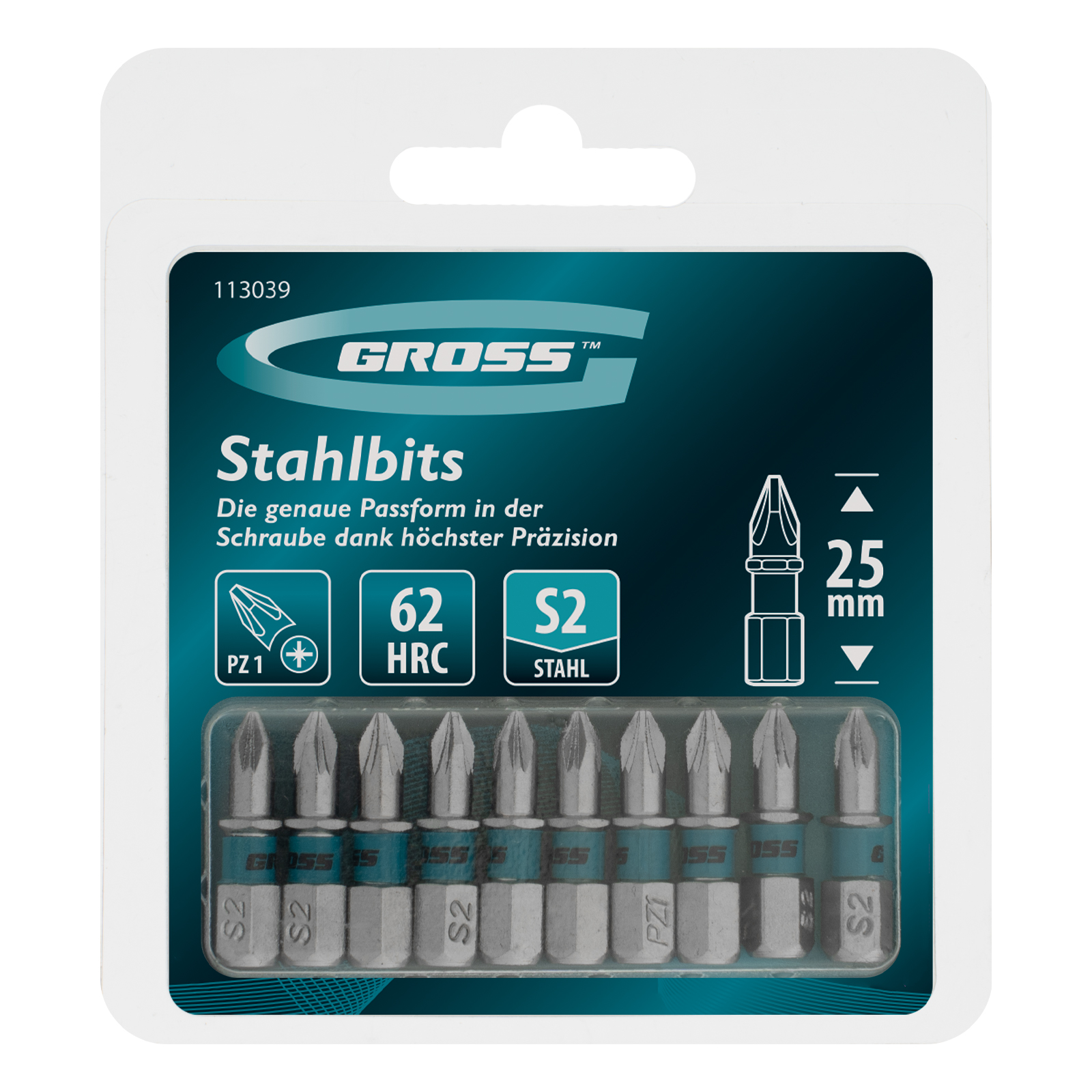 Бита PZ1х25мм, сталь S2, шестигр., 10 шт. Gross