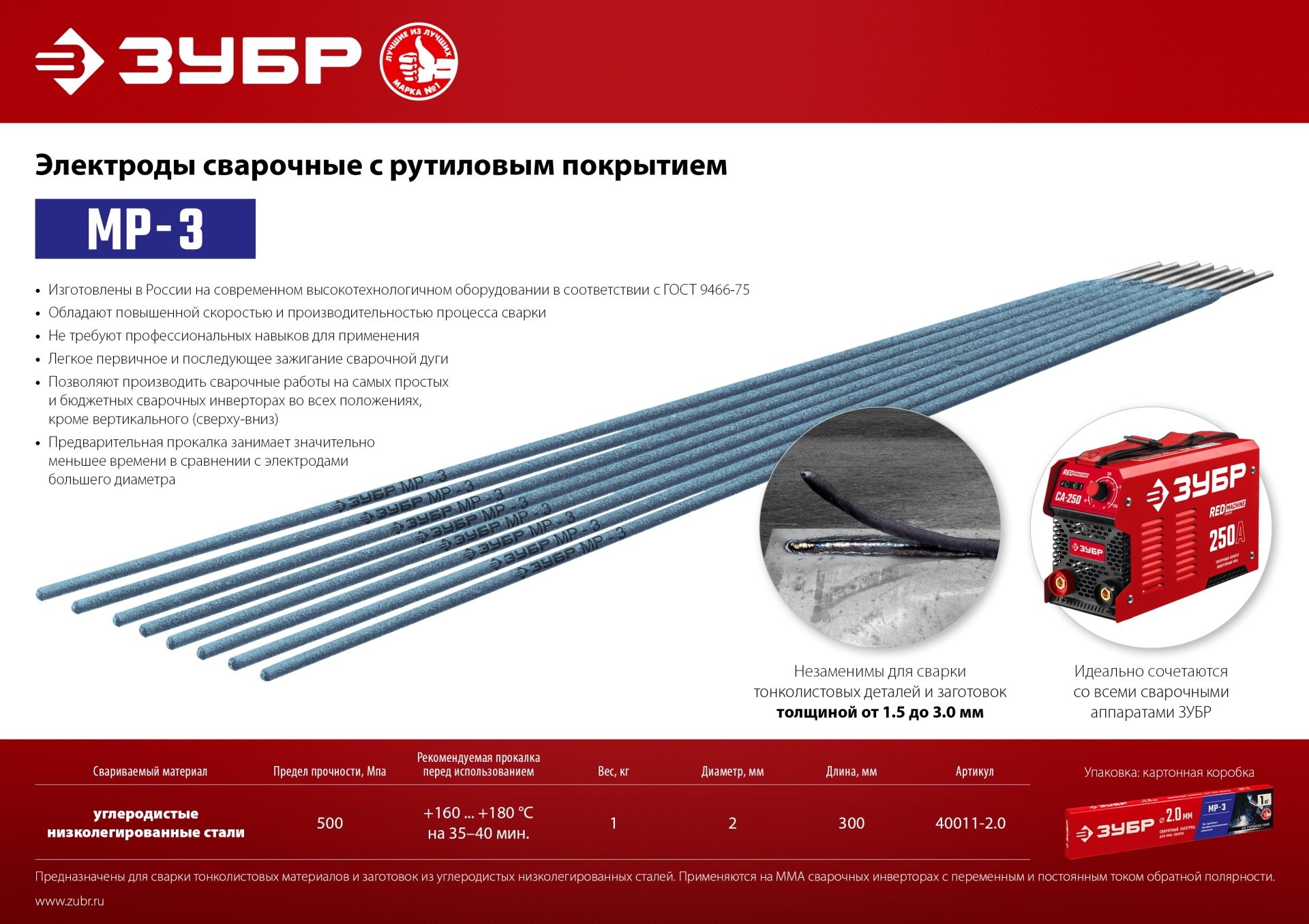 ЗУБР Д 2.0 х 300 мм, 1 кг в коробке, МР-3 рутиловый, электрод сварочный (40011-2.0)