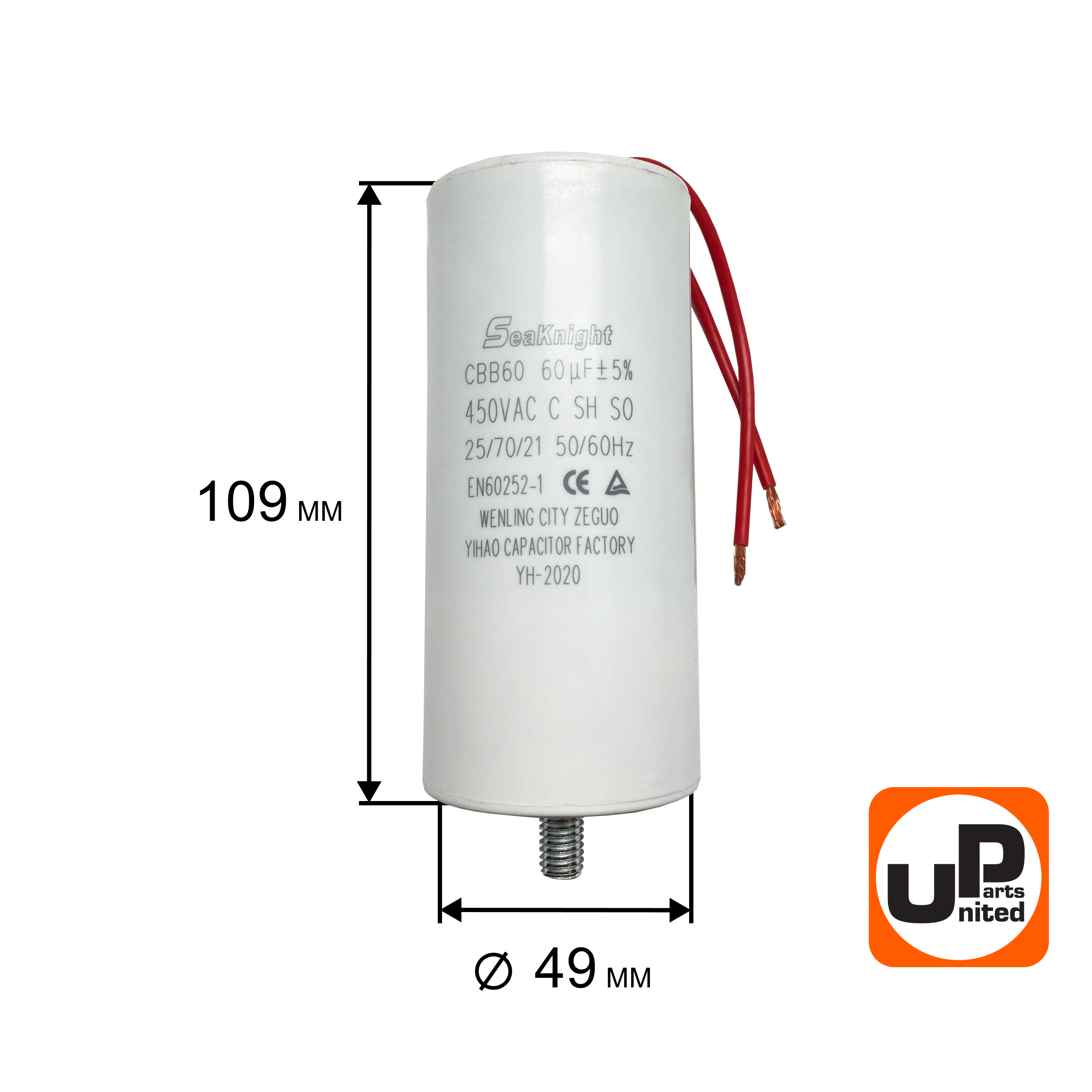 Конденсатор UNITED PARTS CBB60, 60 мкФ, 450В, гибкие выводы+шпилька (90-0339), шт
