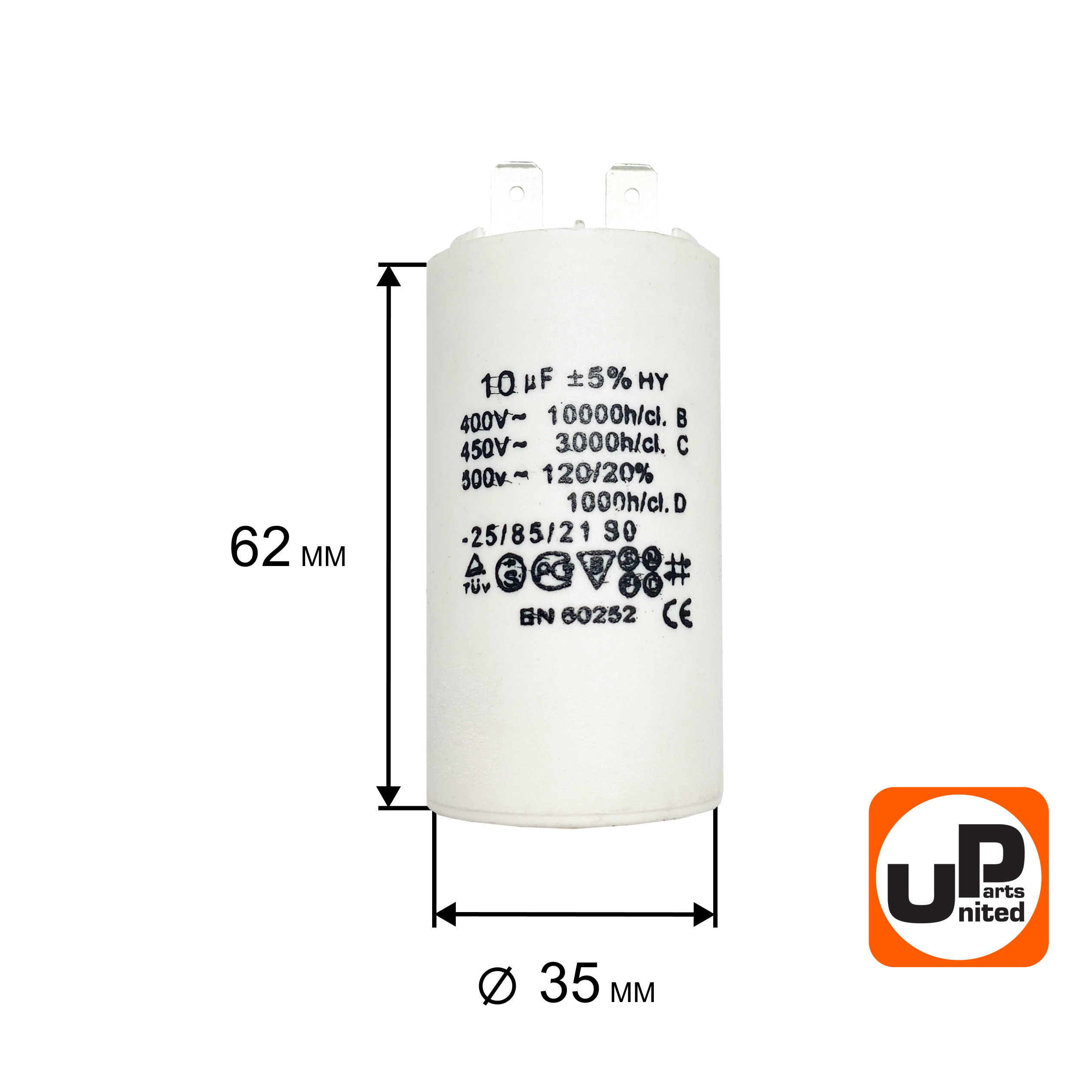 Конденсатор UNITED PARTS CBB60, 10 мкФ, 450В, 2 клеммы (90-0972), шт