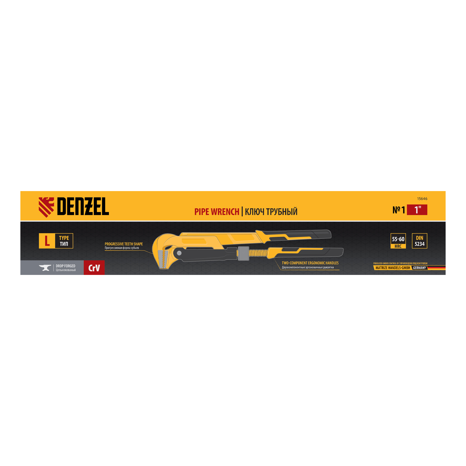 Ключ трубный рычажный №1", 1", цельнокованый, CrV, тип "L" Denzel